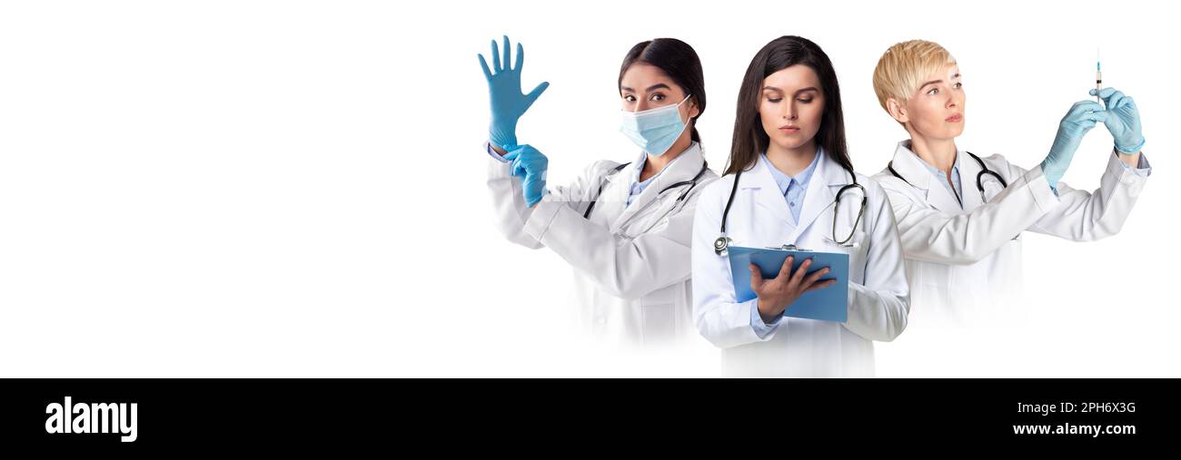 Doctors In Uniform Medical Services. Three Female Doctors In Uniform Standing Isolated ...