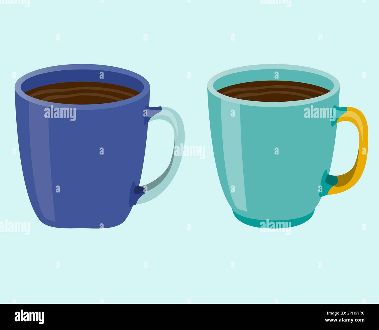 Cup of tea blue and turquoise SET in realistic style. Porcelain mug with hot cofee. Colorful vector illustration isolated on white background. Stock Vector
