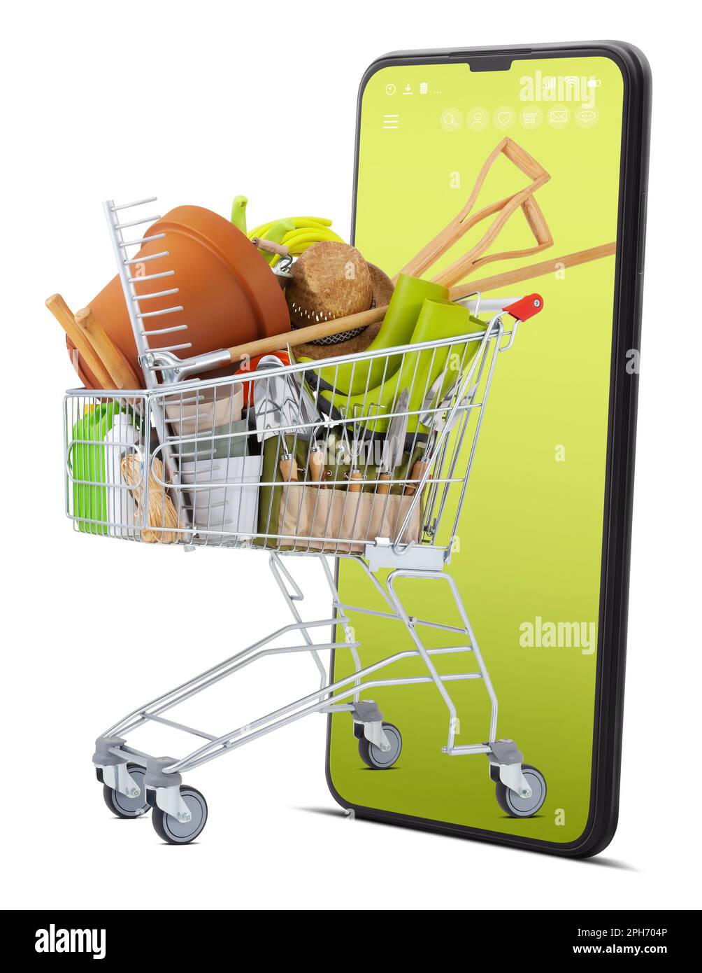 Sale garden products online. Shopping cart filled with gardening tools