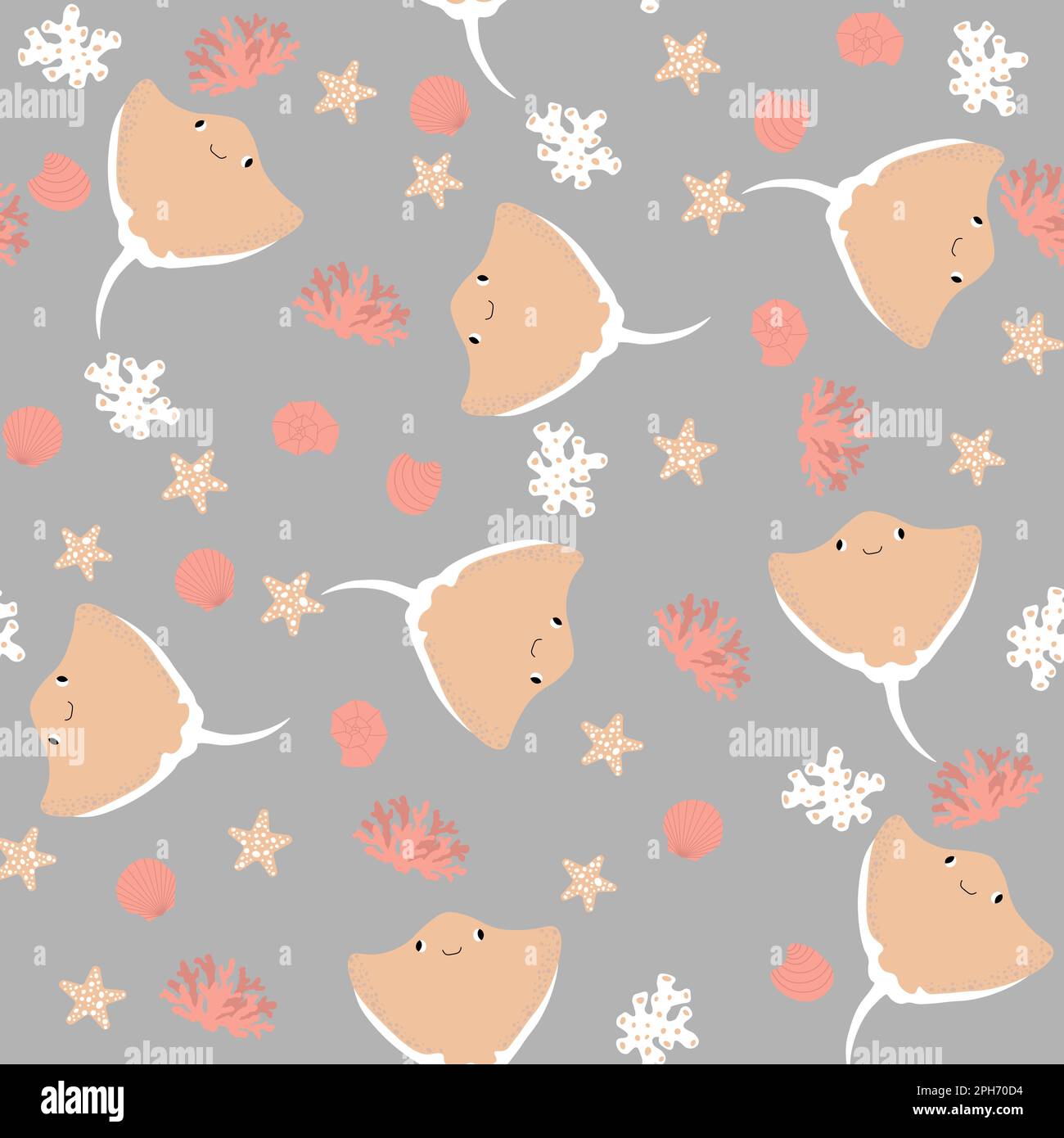 Vector seamless pattern with devilfish, starfish, algae.Underwater cartoon creatures.Marine background.Cute ocean pattern for fabric, childrens Stock Vector