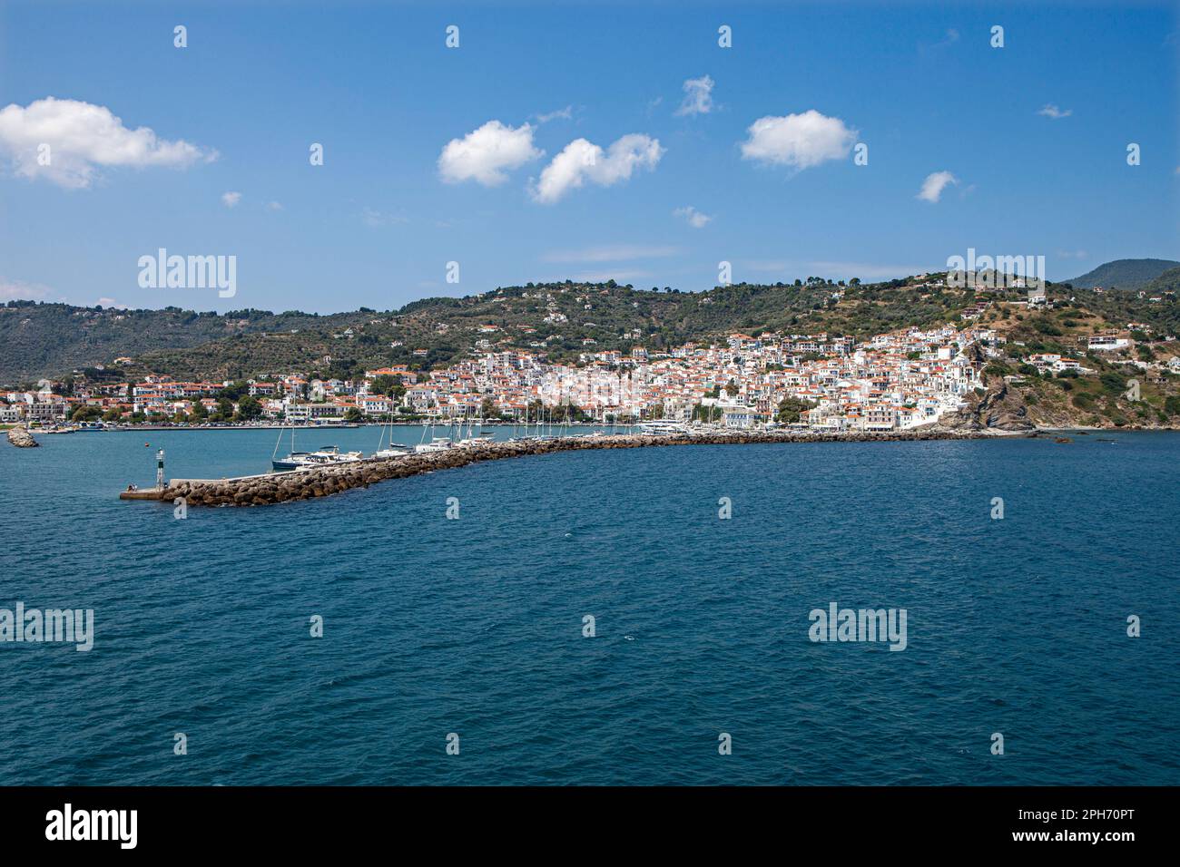 Trip with ferry from Skiathos to Skopelos island; port of Skopelos Stock Photo Alamy
