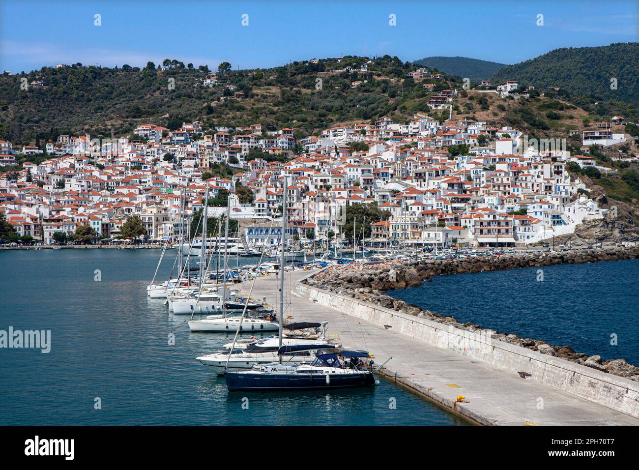Trip with ferry from Skiathos to Skopelos island; port of Skopelos Stock Photo Alamy