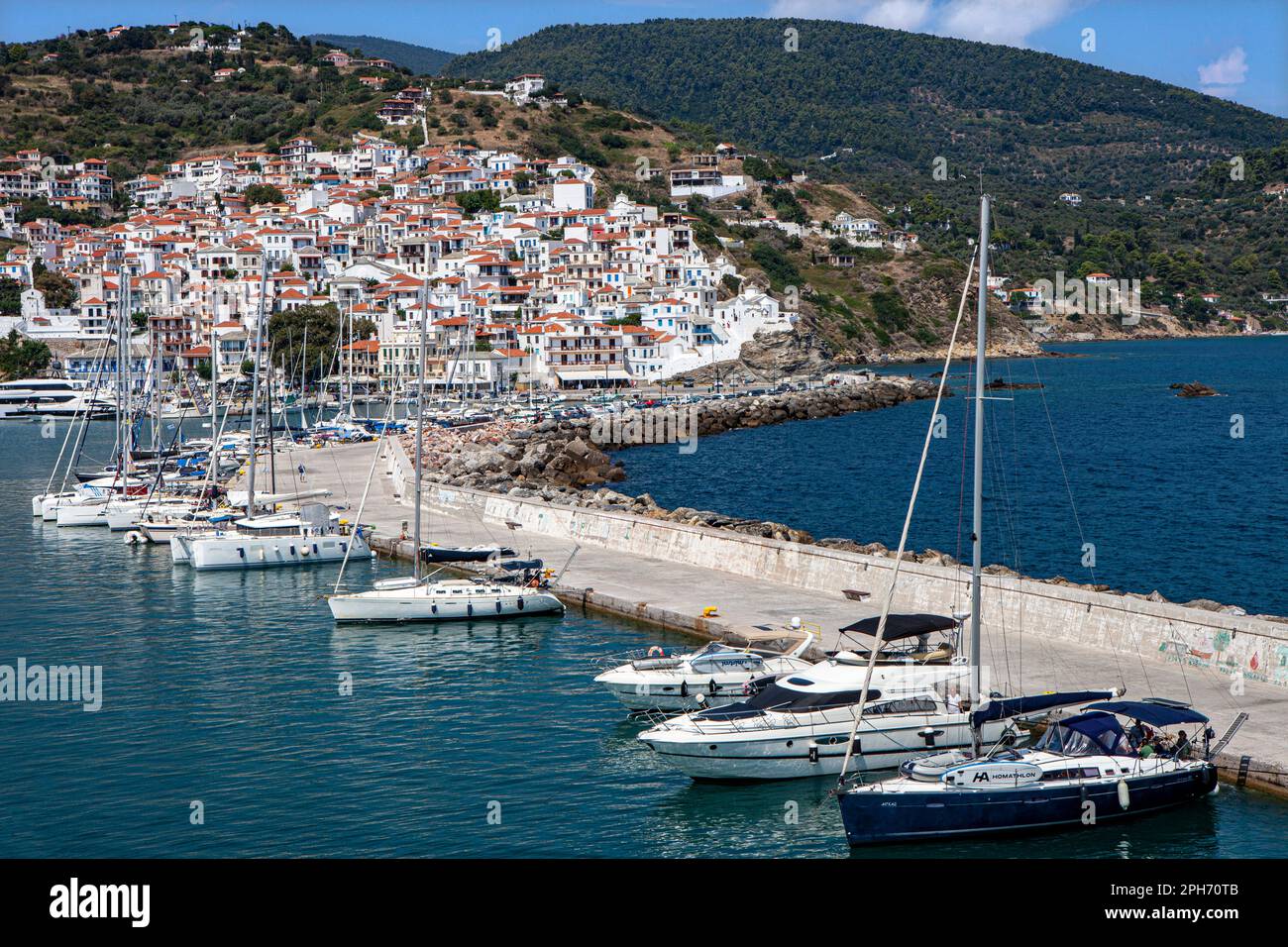 Trip with ferry from Skiathos to Skopelos island; port of Skopelos Stock Photo Alamy