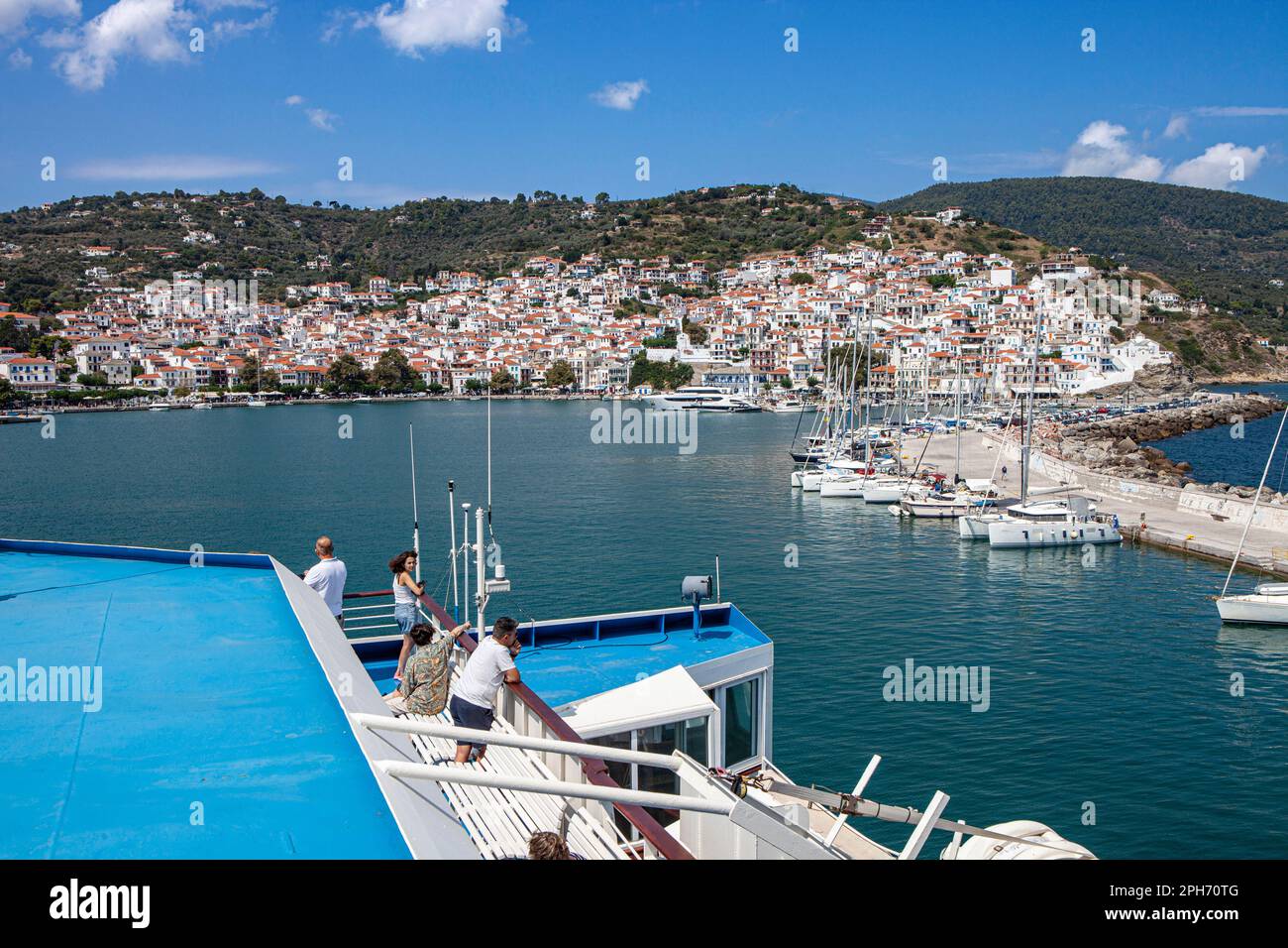 Trip with ferry from Skiathos to Skopelos island; port of Skopelos Stock Photo Alamy