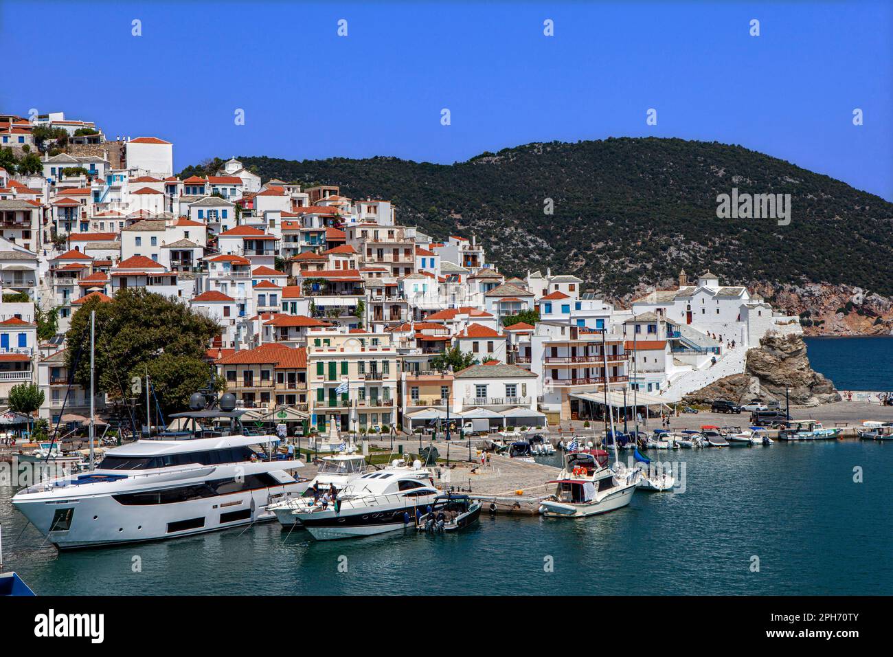 Trip with ferry from Skiathos to Skopelos island; port of Skopelos Stock Photo Alamy