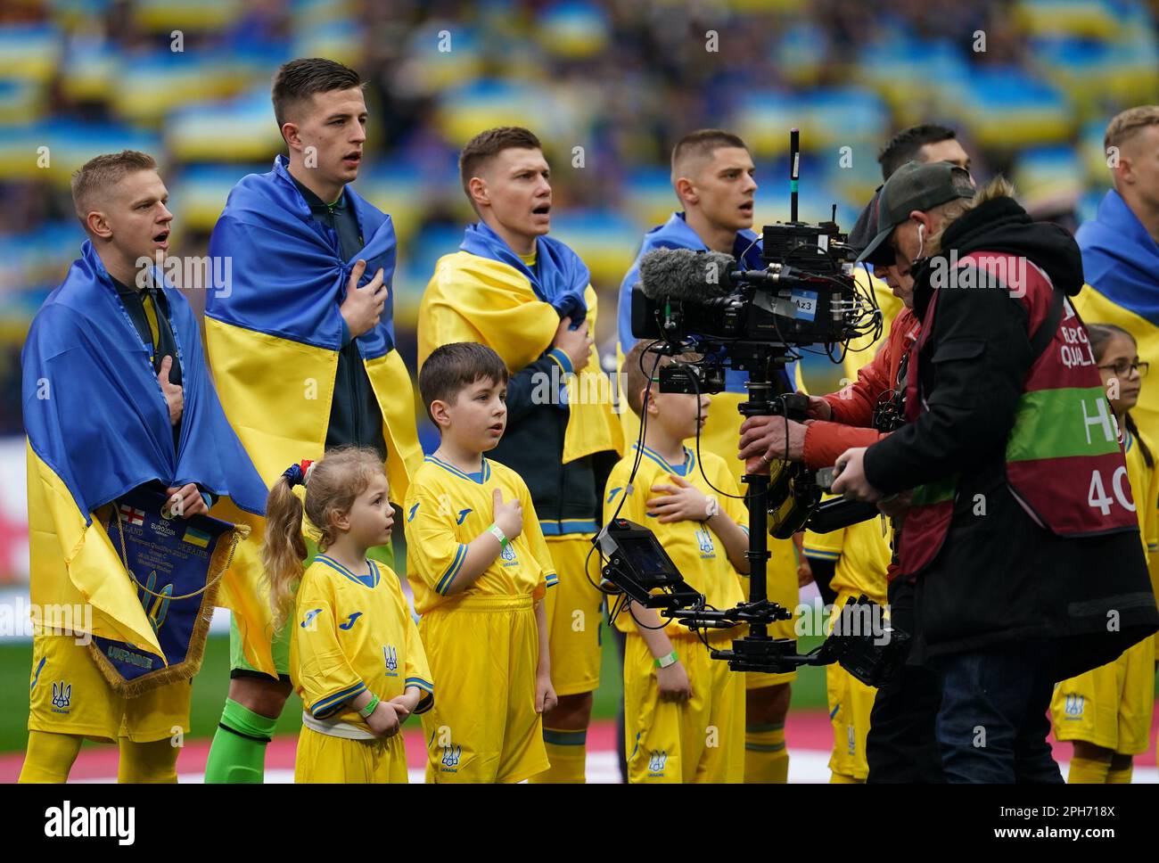 Ukraine players sing their national anthem ahead of the UEFA Euro 2024