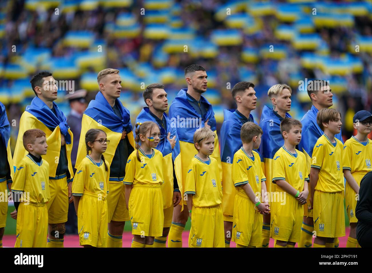 Ukraine players sing their national anthem ahead of the UEFA Euro 2024