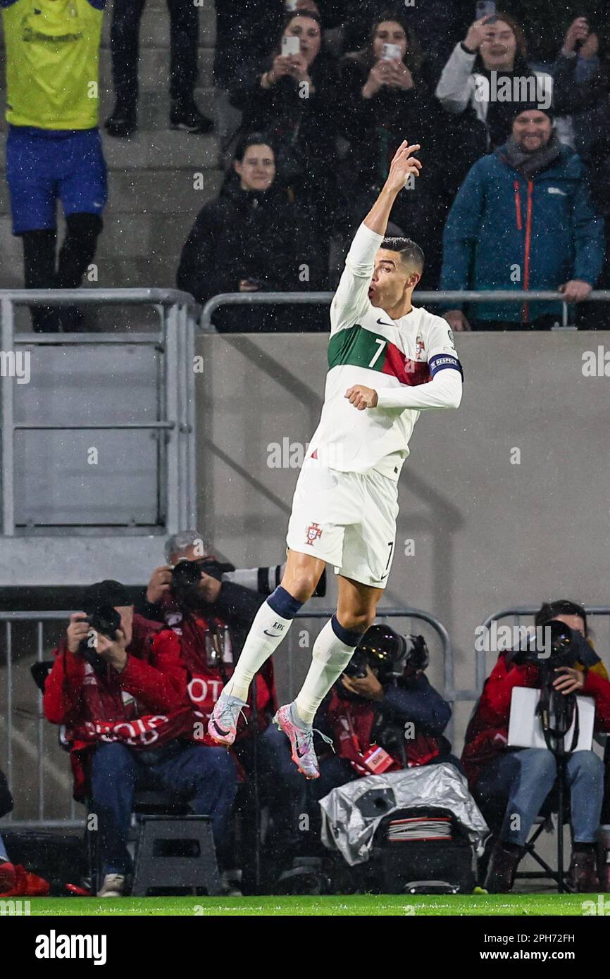 Luxembourg, Luxembourg. 26th Mar, 2023. Portuguese Cristiano Ronaldo  celebrates after scoring during a soccer game between the national teams of  Luxembourg and Portugal, on Sunday 26 March 2023 in Luxembourg City, the