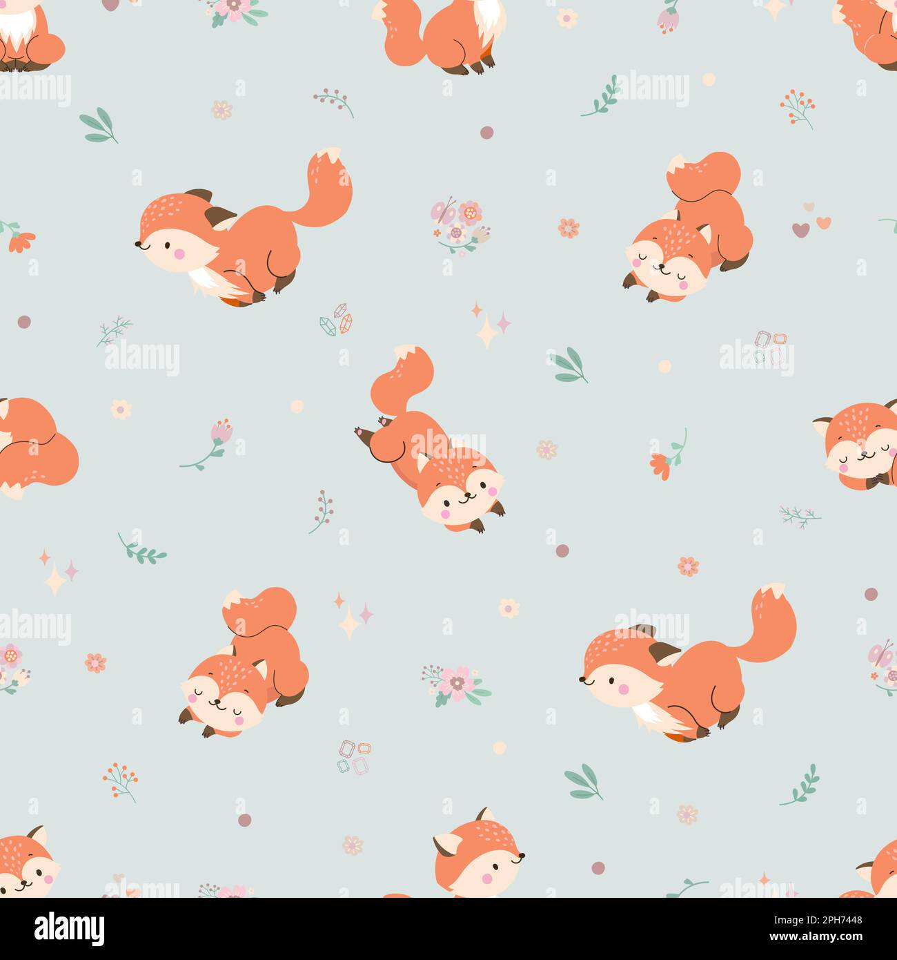 Cartoon foxes seamless pattern. Wildlife fox red, wild animal modern