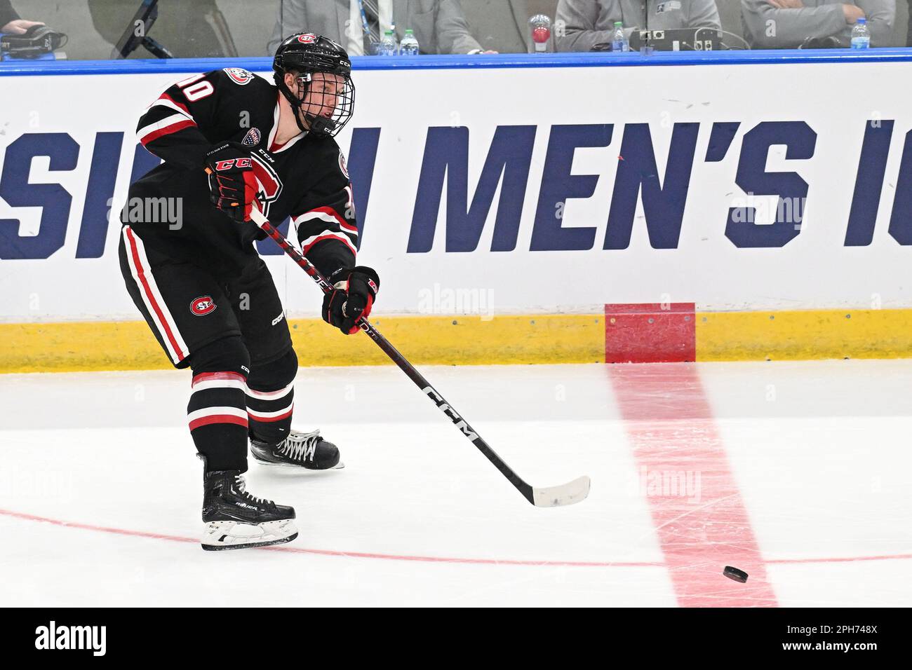 St. Cloud State Huskies forward Kyler Kupka (10) passes the puck during the championship game of