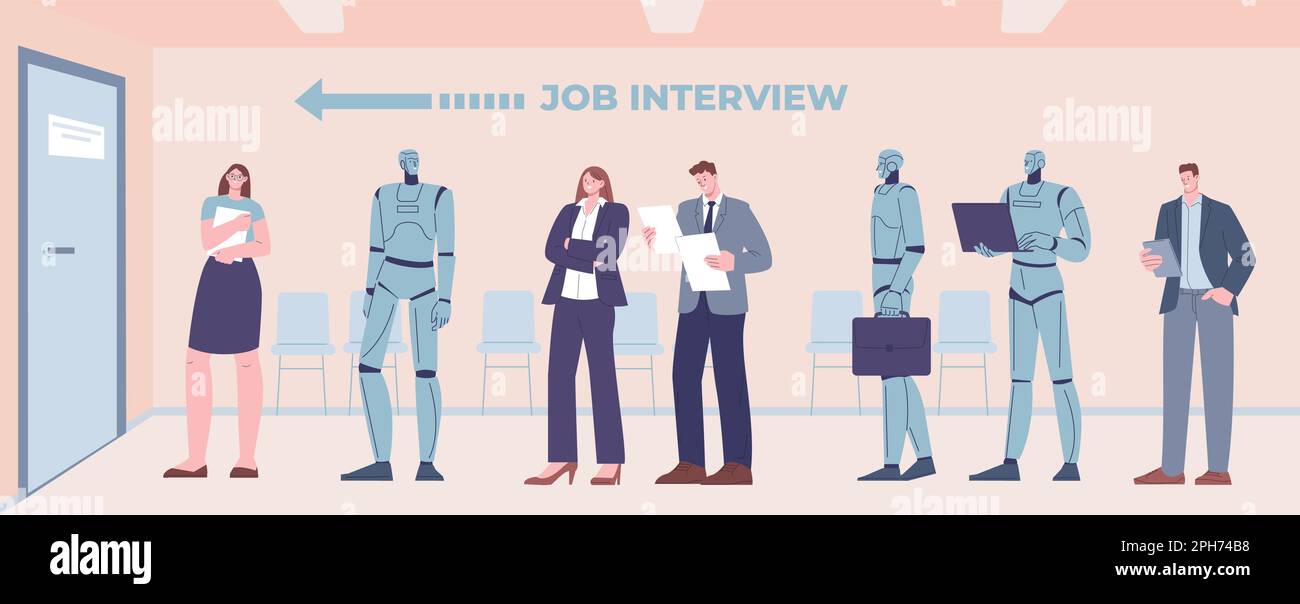 Waiting line employees, queue to job interview. Cyborg robot and human, technology progress on business work. Robots vs people kicky vector scene Stock Vector