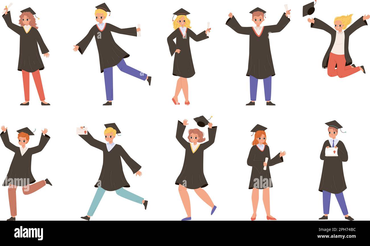 Graduating characters, beautiful students get diploma. Graduate teenagers, university, college or school graduated. Snugly young adults vector set Stock Vector