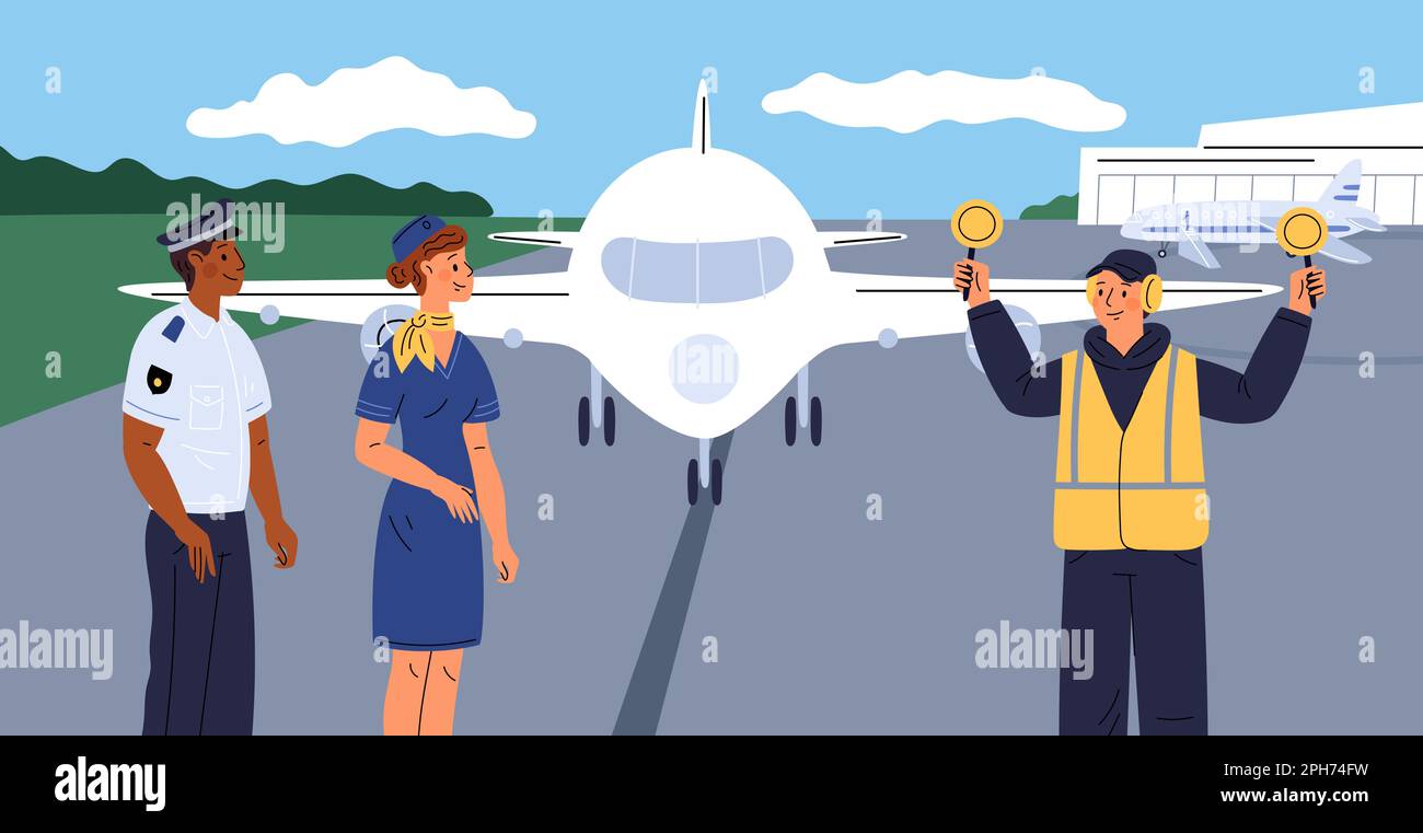 Aircraft crew. Airport staff. Captain and attendants. People standing