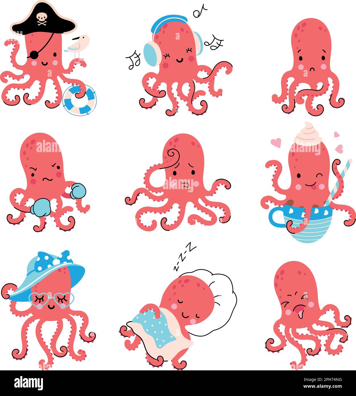 Cute octopus set. Cartoon squid, underwater life characters. Various octopus painting, sleeping, listen music. Nowaday vector sea animal collection Stock Vector