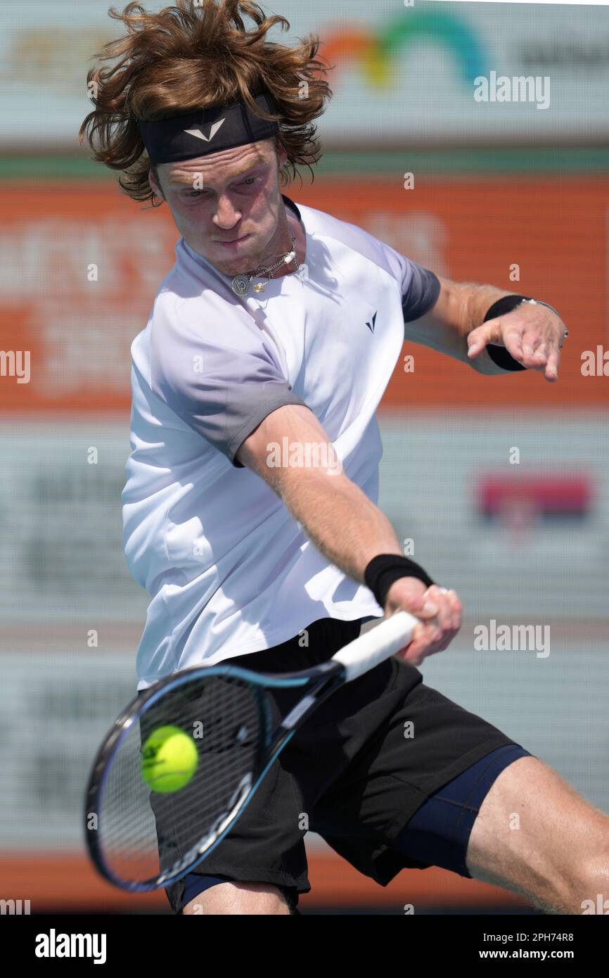 Andrey Rublev, of Russia, returns a volley against Miomir Kecmanovic, of Serbia, in the second set of a match at the Miami Open tennis tournament, Sunday, March 26, 2023, in Miami Gardens,