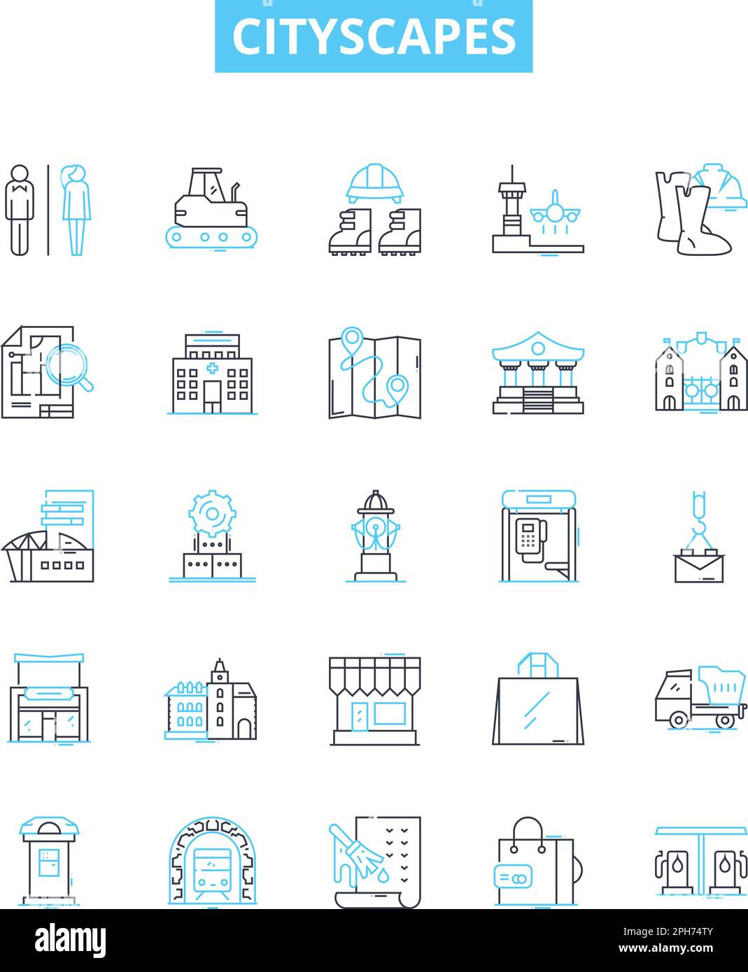 Cityscapes vector line icons set. Urban, skyline, metropolis, metropolises, vista, architecture, buildings illustration outline concept symbols and Stock Vector