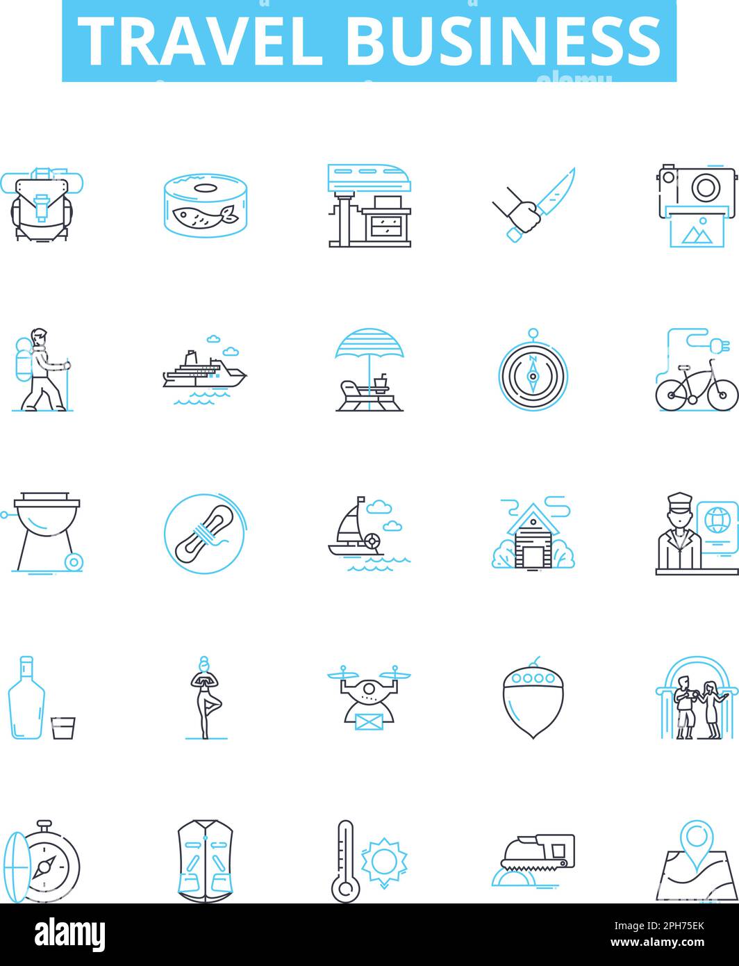 Travel business vector line icons set. Tourism, Tour, Vacation, Journey, Adventure, Transport, Sightseeing illustration outline concept symbols and Stock Vector