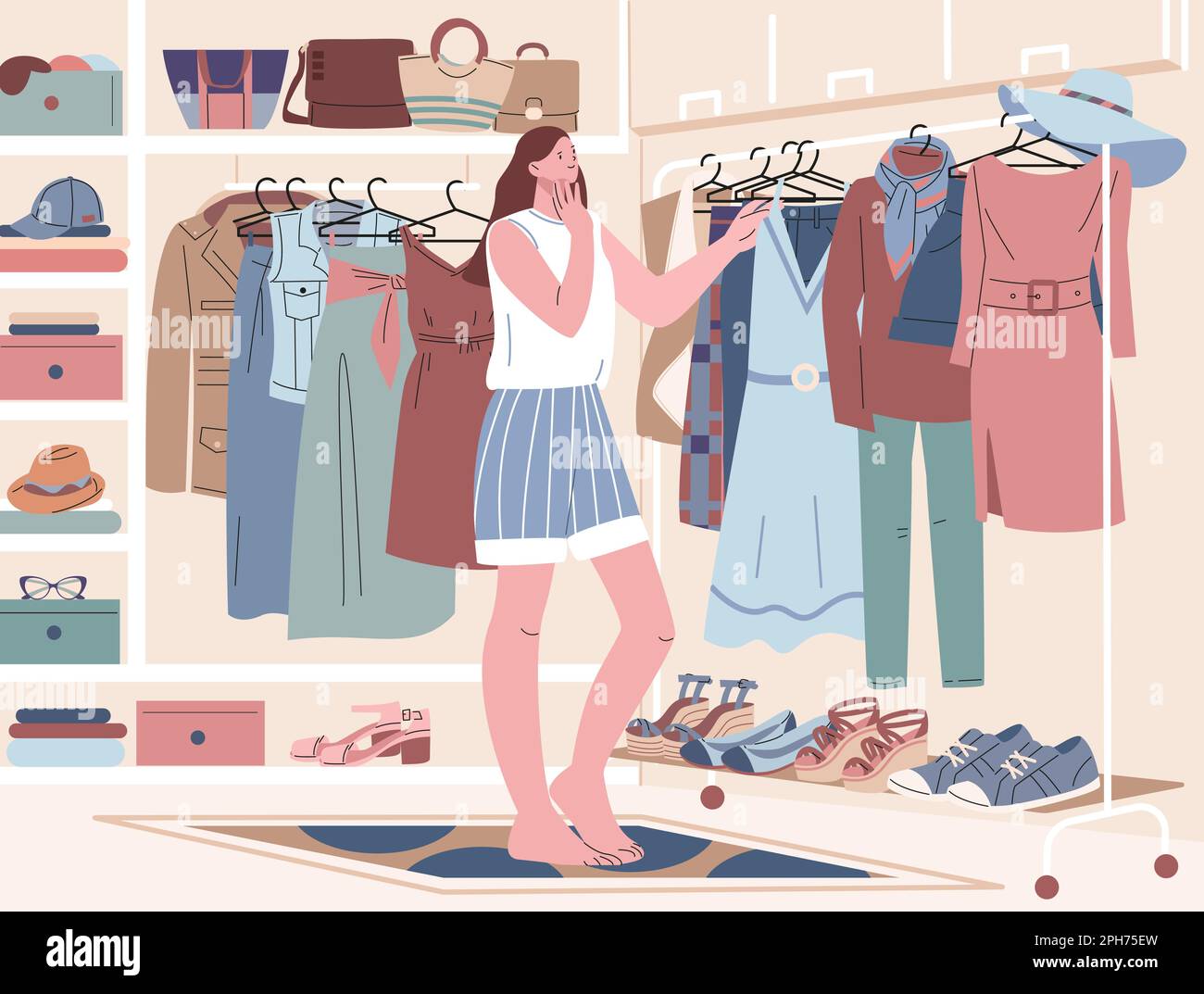 Wardrobe room, woman closet with clothes on racks, shoes and accessories. Person thinking about dressing, fashion woman choose outfit, kicky vector Stock Vector