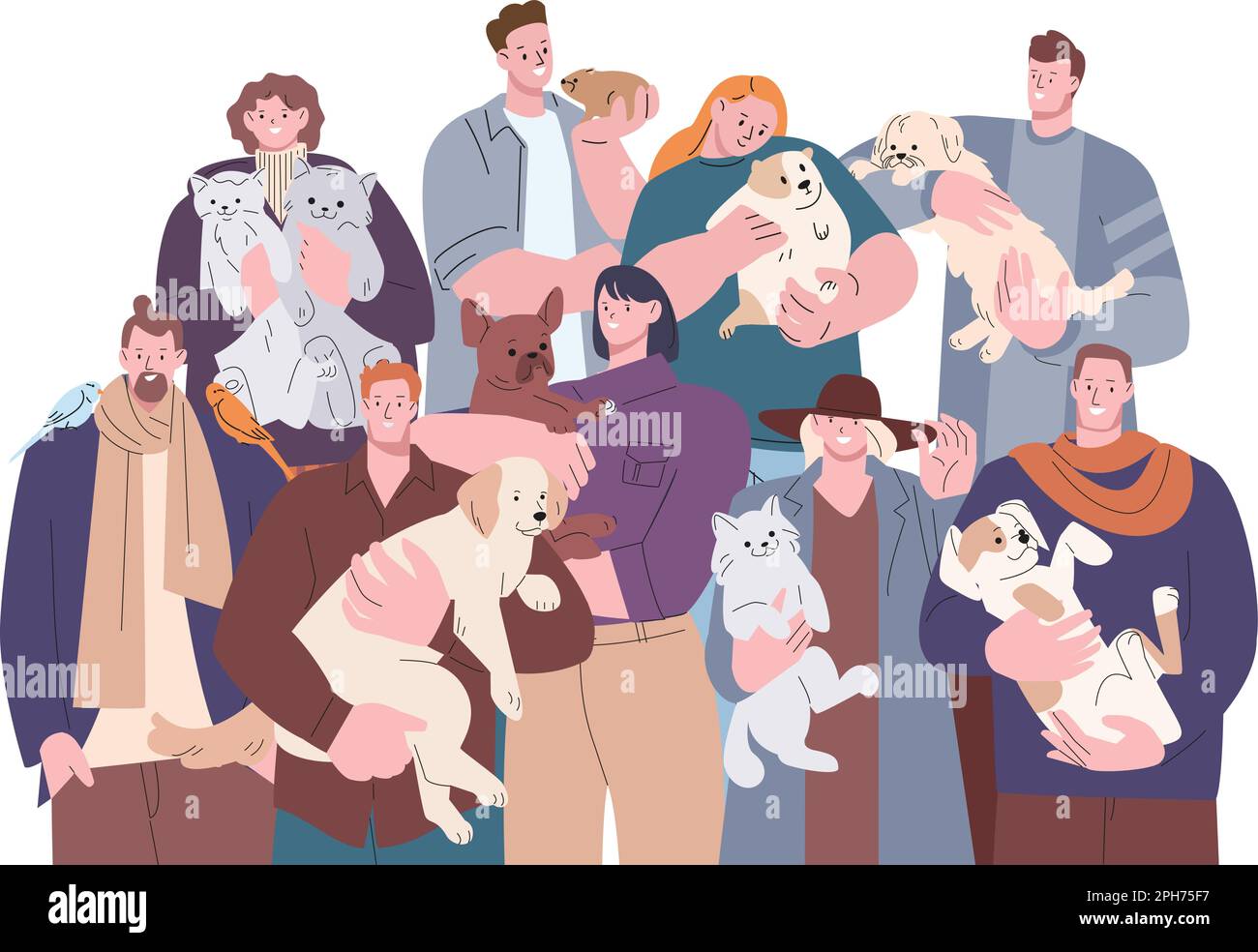 People with pets portrait. Woman man holding dogs, cats, birds. Cartoon human and animals, flat casual stylish vector characters Stock Vector