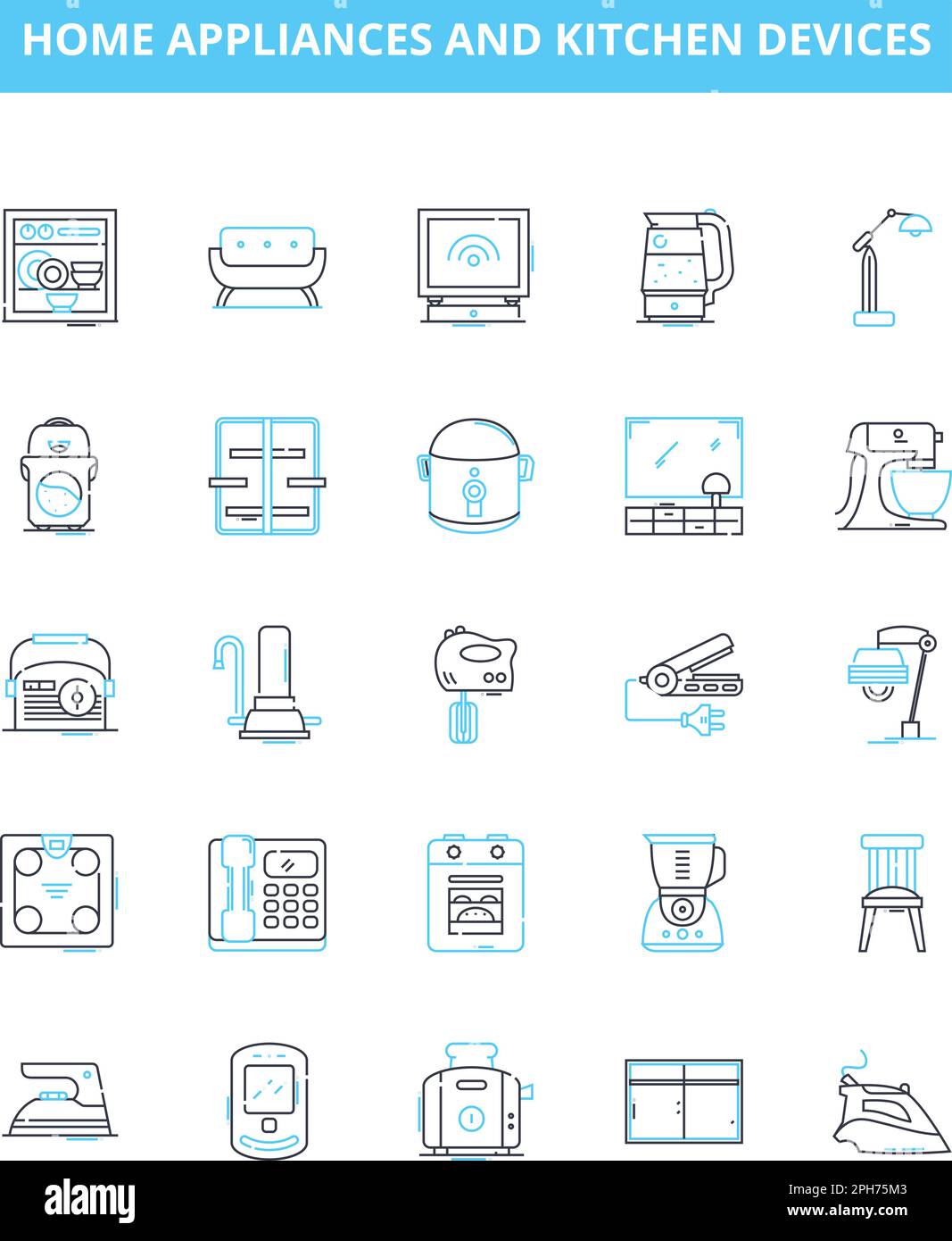 Home appliances and kitchen devices vector line icons set. Stove, Microwave, Kettle, Toaster, Dishwasher, Refrigerator, Blender illustration outline Stock Vector