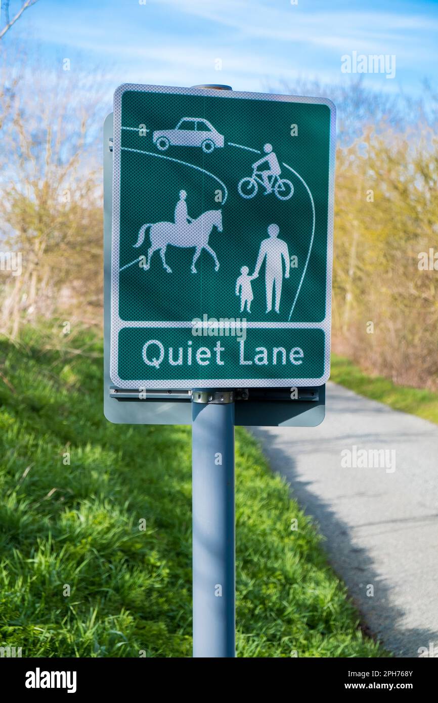 Quiet Lane sign at the side of country road. Suffolk, UK. Stock Photo