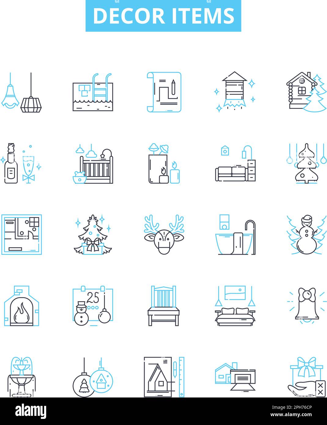 Decor items vector line icons set. Furnishings, Rugs, Lighting, Wallpaper, Mirrors, Curtains, Vases illustration outline concept symbols and signs Stock Vector