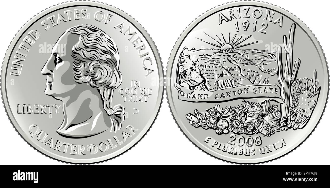 American money, USA Washington quarter dollar Arizona or 25-cent silver coin, George Washington on obverse, Grand Canyon, saguaro cactus on reverse Stock Vector