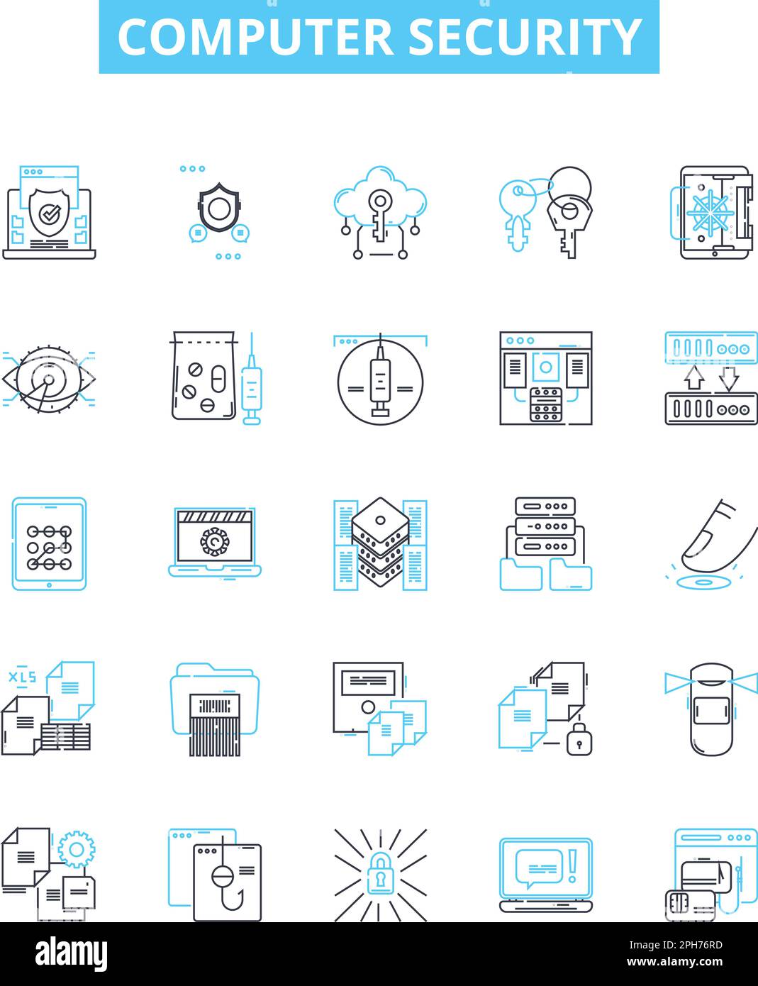 Computer security vector line icons set. Antivirus, Firewall, Encryption, Patching, Phishing, Malware, Vulnerability illustration outline concept Stock Vector