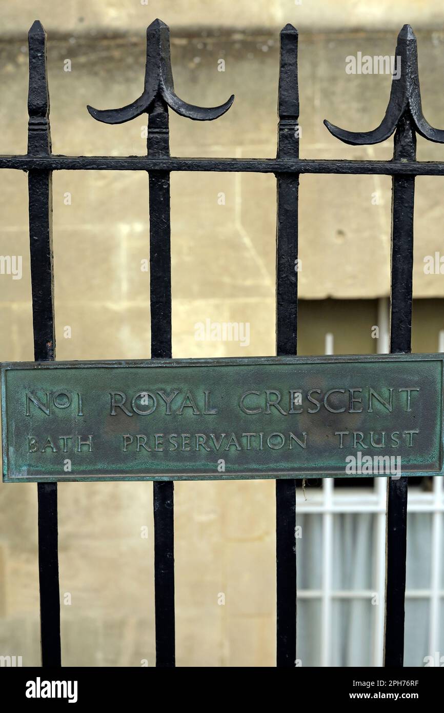 Plaque for Bath Preservation Trust on number one - No 1 - The Royal Crescent, Bath, England. Georgian Street. Taken March 2023. cym Stock Photo