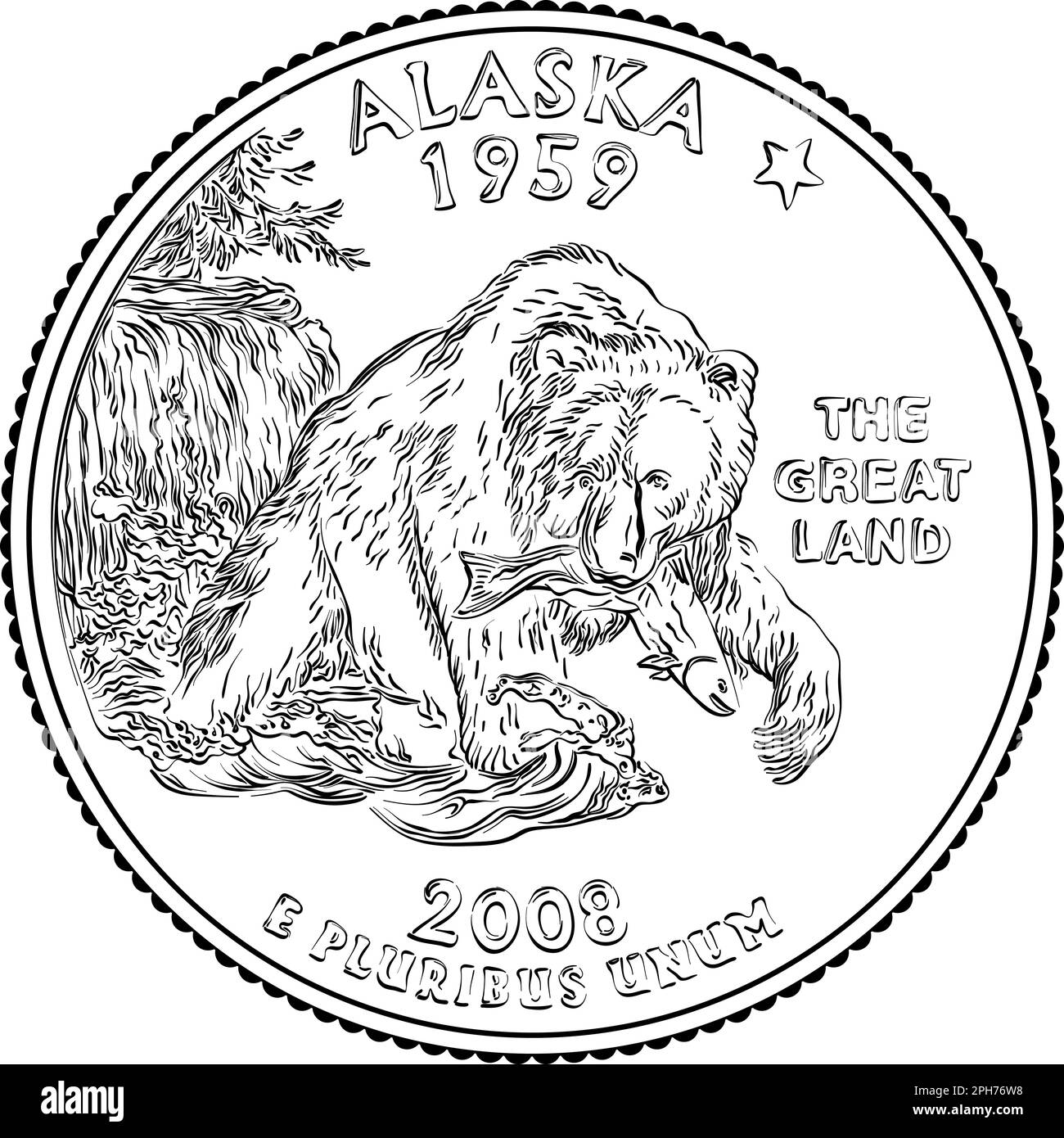 American money, United States Washington quarter dollar or 25-cent silver coin, grizzly bear on reverse. Black and white image Stock Vector