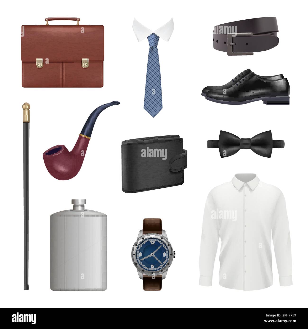 Gentleman items. Stylish fashioned items for luxury persons decent vector realistic template Stock Vector
