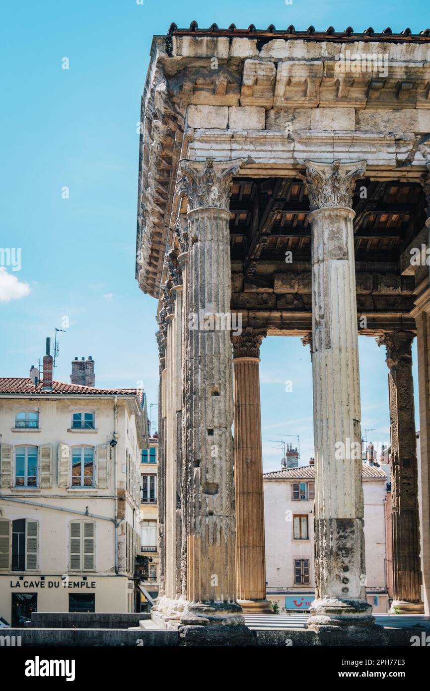 Colonnade and frontispiece of the roman Augustus and Livia temple in Vienne in the south of France (Isere) Stock Photo