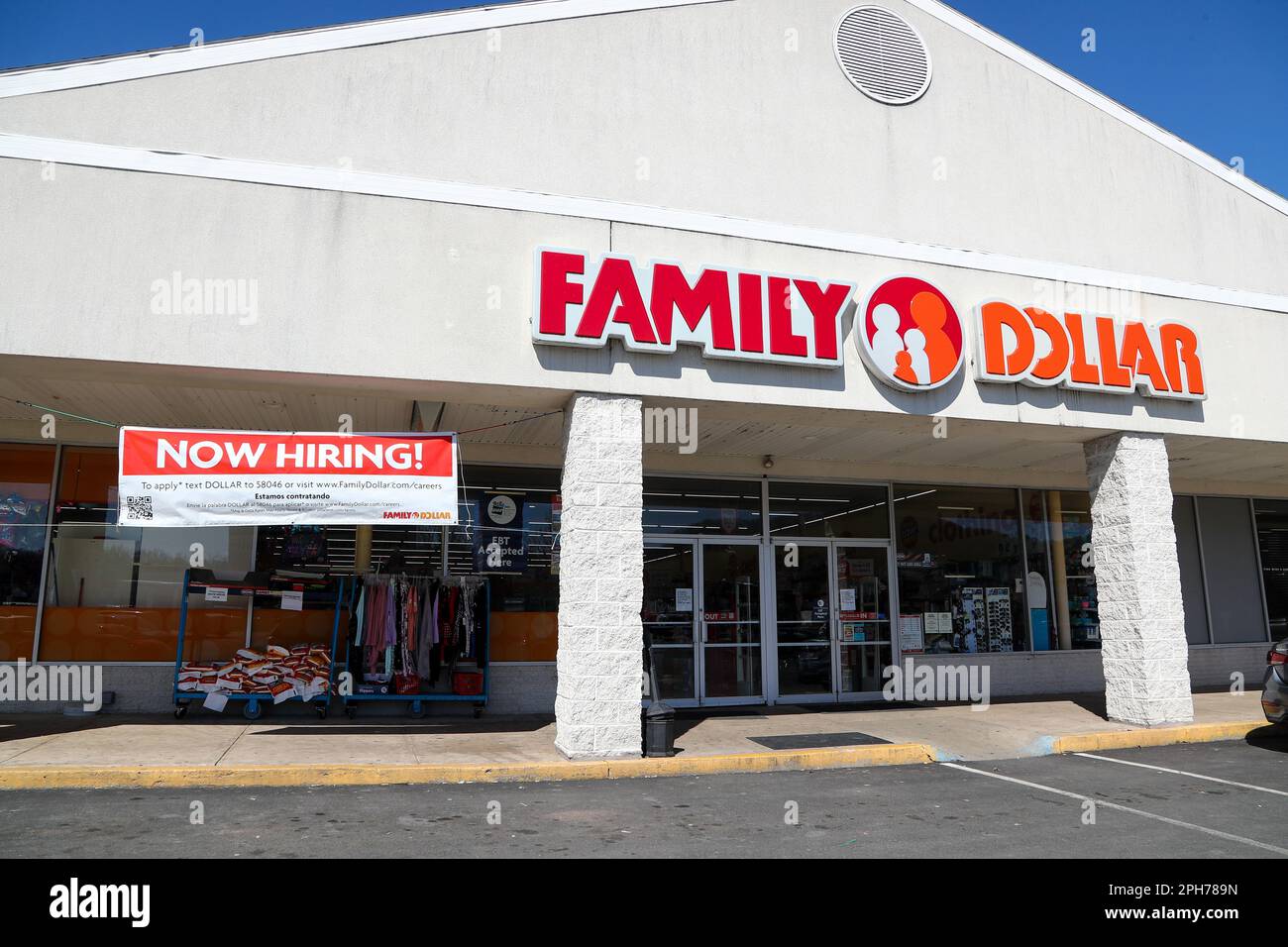A now hiring sign is seen at the Family Dollar store at the Sunbury