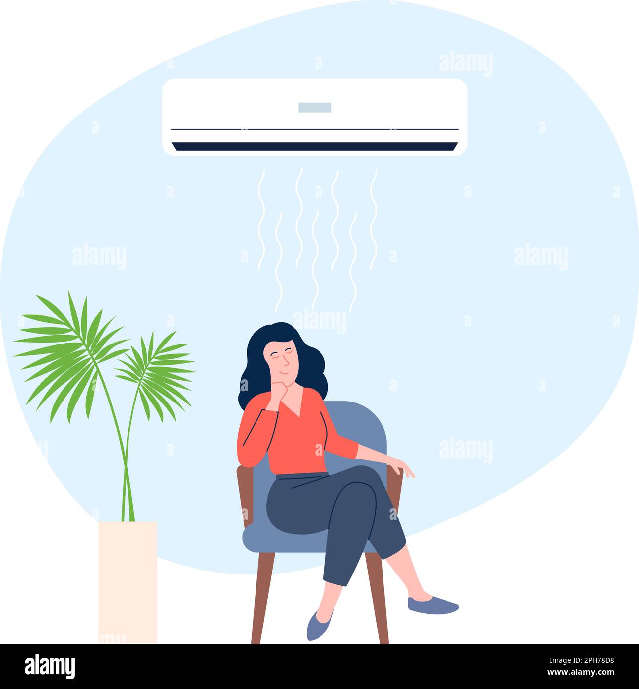 Air conditioner concept. Woman sitting on chair at comfort climatic at home. Cooling or heating room, ventilation. Cartoon flat girl rest recent Stock Vector