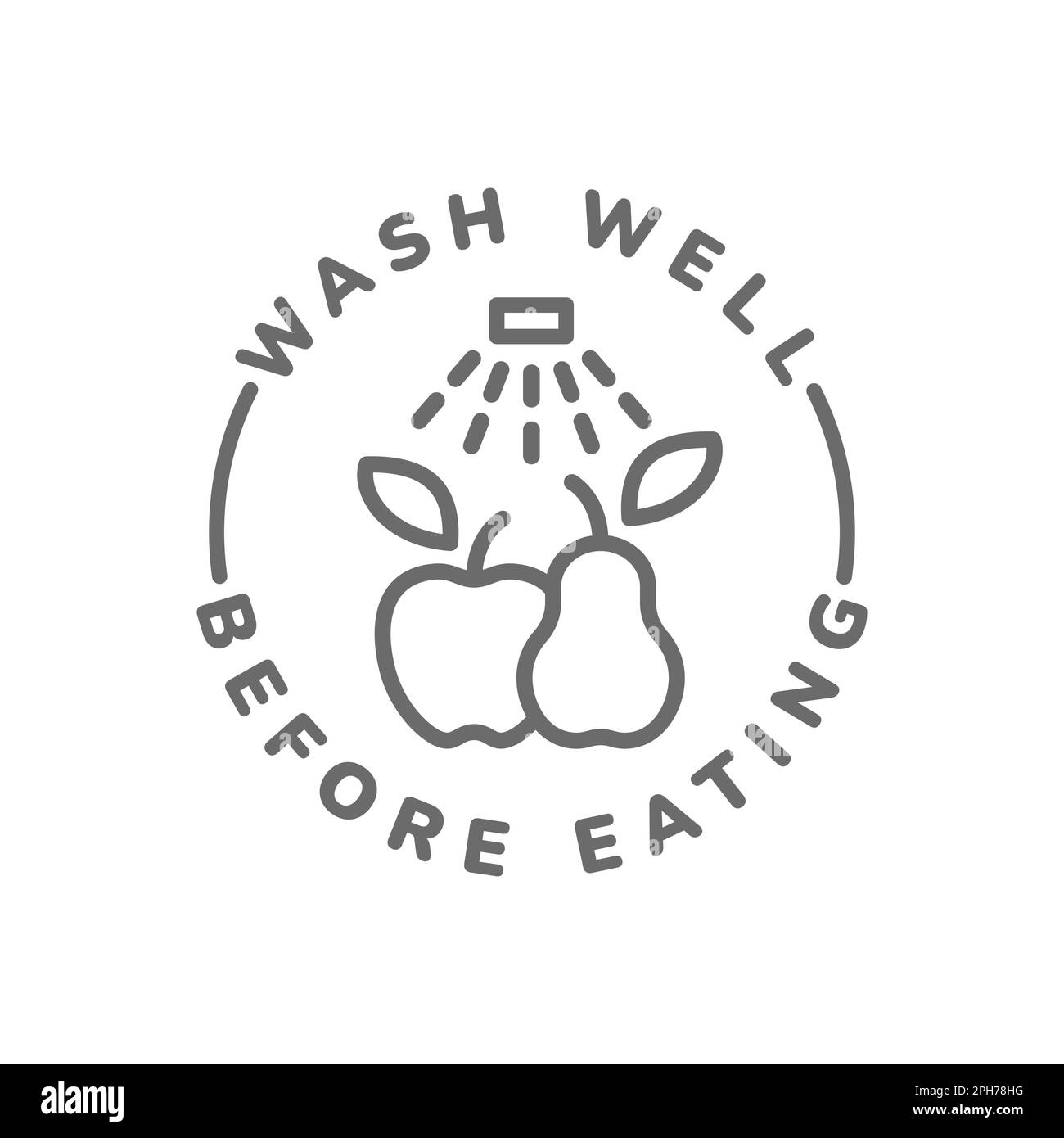Wash well before eating vector label. Water tap and fruits line icon. Stock Vector