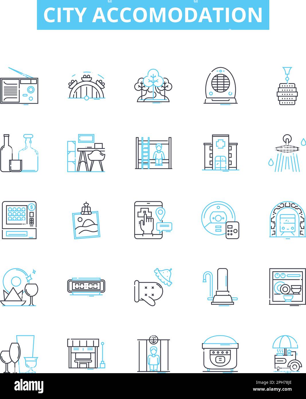 City accomodation vector line icons set. Urban, lodging, housing, habitation, flat, abode, suite illustration outline concept symbols and signs Stock Vector