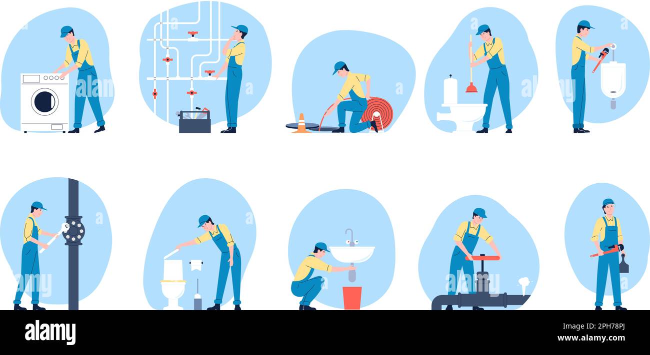 Plumbers working, repair pipes and toilet. Technician in bathroom