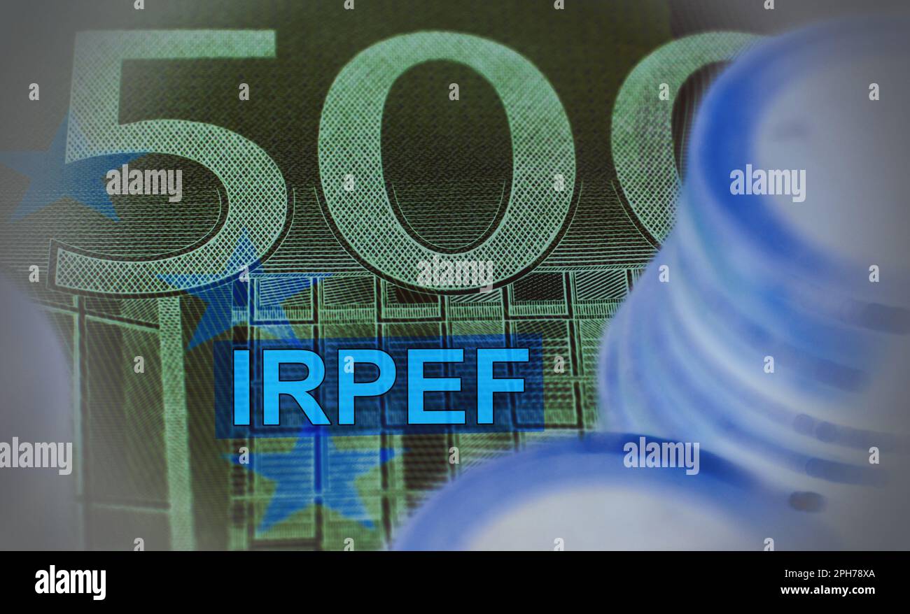 Euro Banknotes with the text “IRPEF” Italian tax Stock Photo