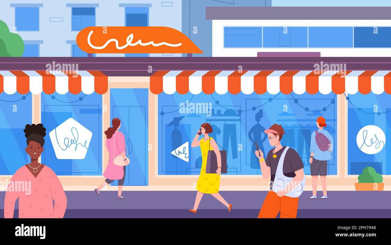 Fashion boutique outside. Entrance in clothes outlet with shop