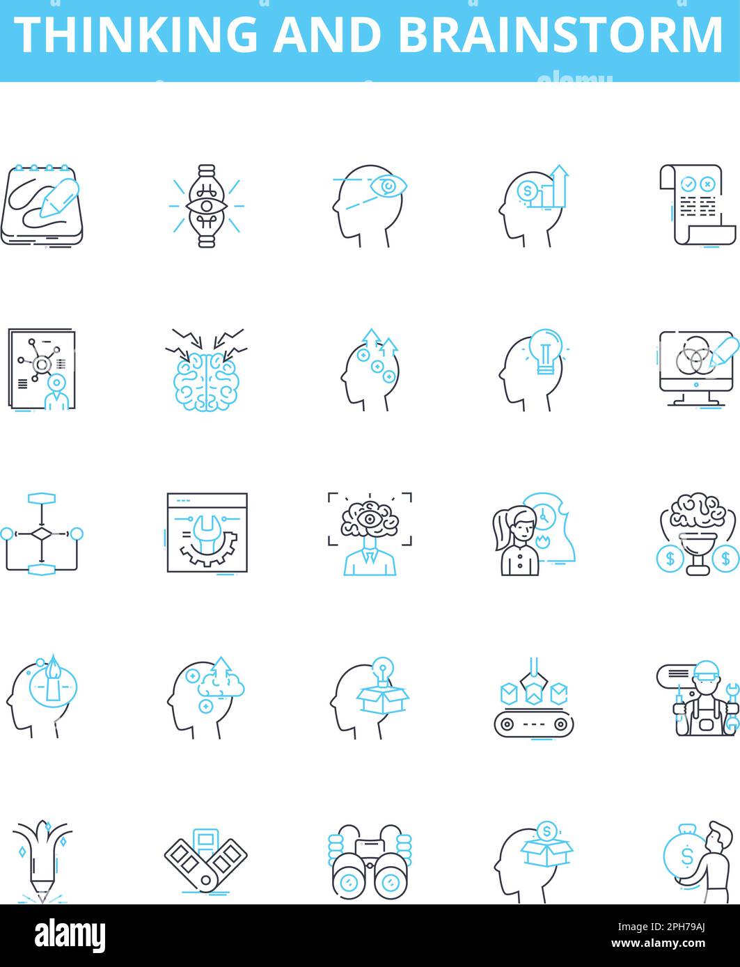 Thinking and brainstorm vector line icons set. Ideation, Brainstorming, Ponder, Conceptualize, Consider, Analyse, Cogitate illustration outline Stock Vector
