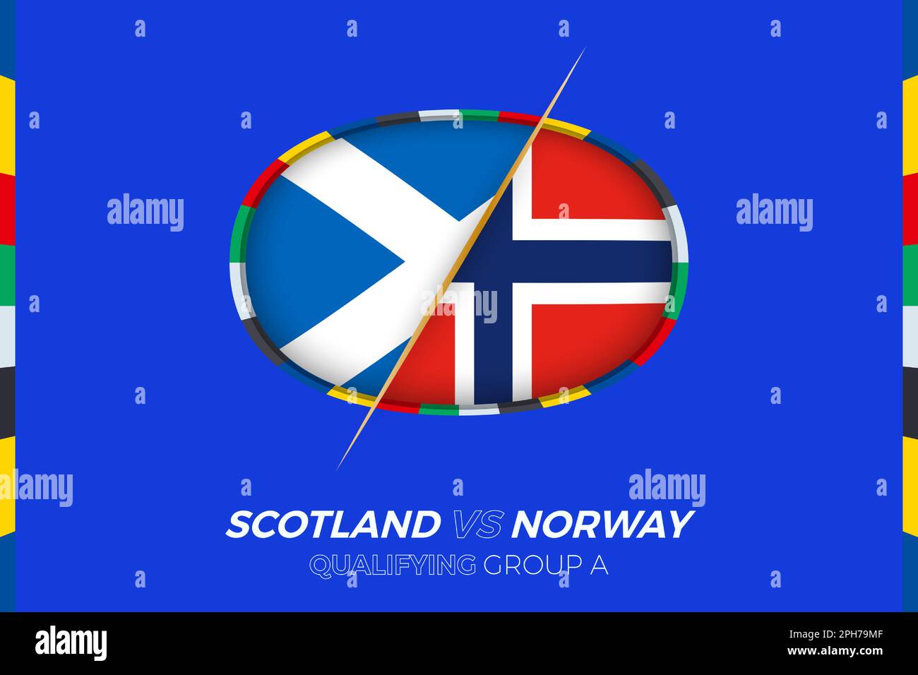 Scotland vs Norway icon for European football tournament qualification, group A. Competition icon on the stylized background. Stock Vector