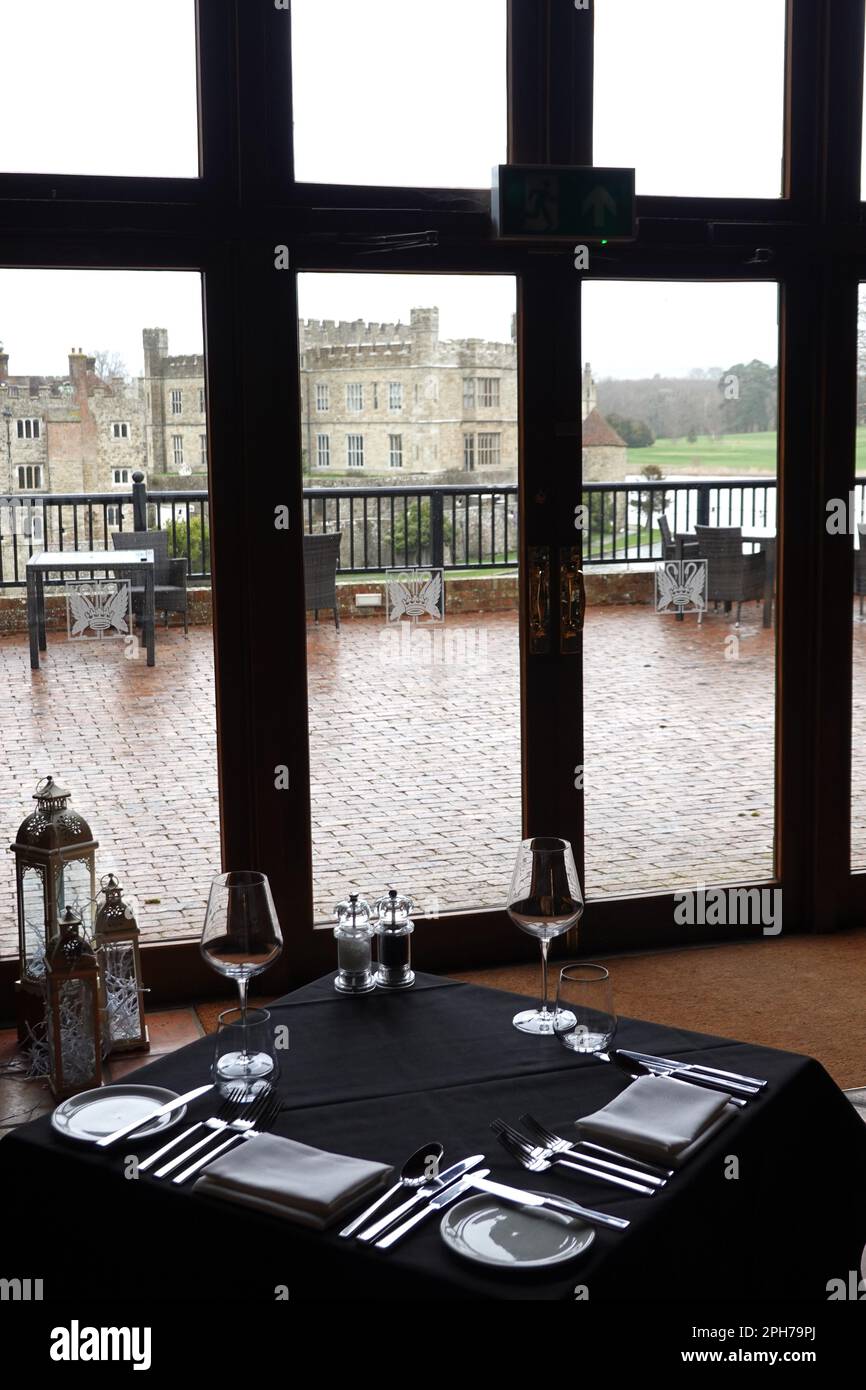 "Leeds Castle Kent", "Restaurant view", "Spring daffodils", "Castle