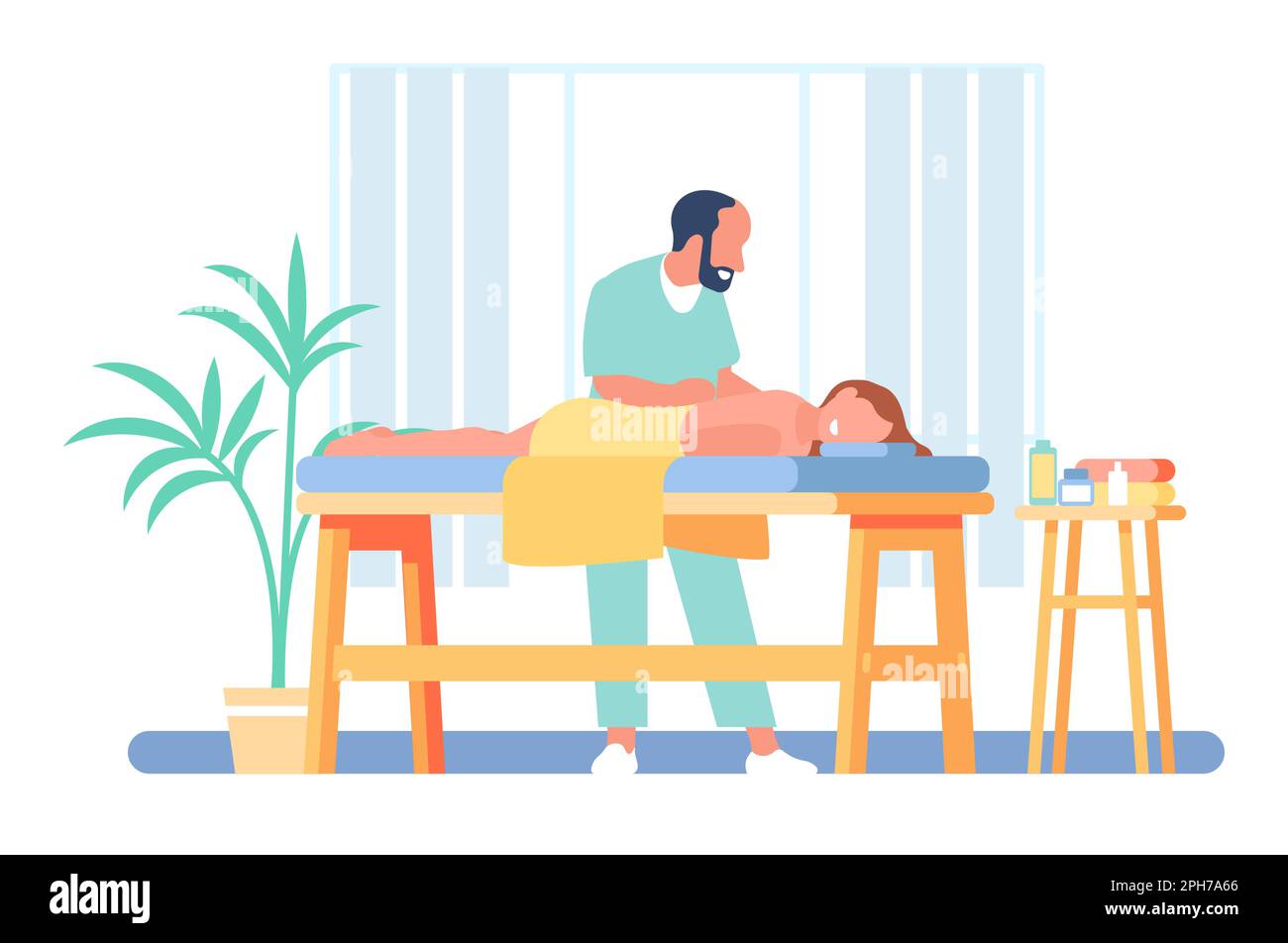 Male masseur in spa. Man gives massage to woman lying on special table. Relaxing beauty