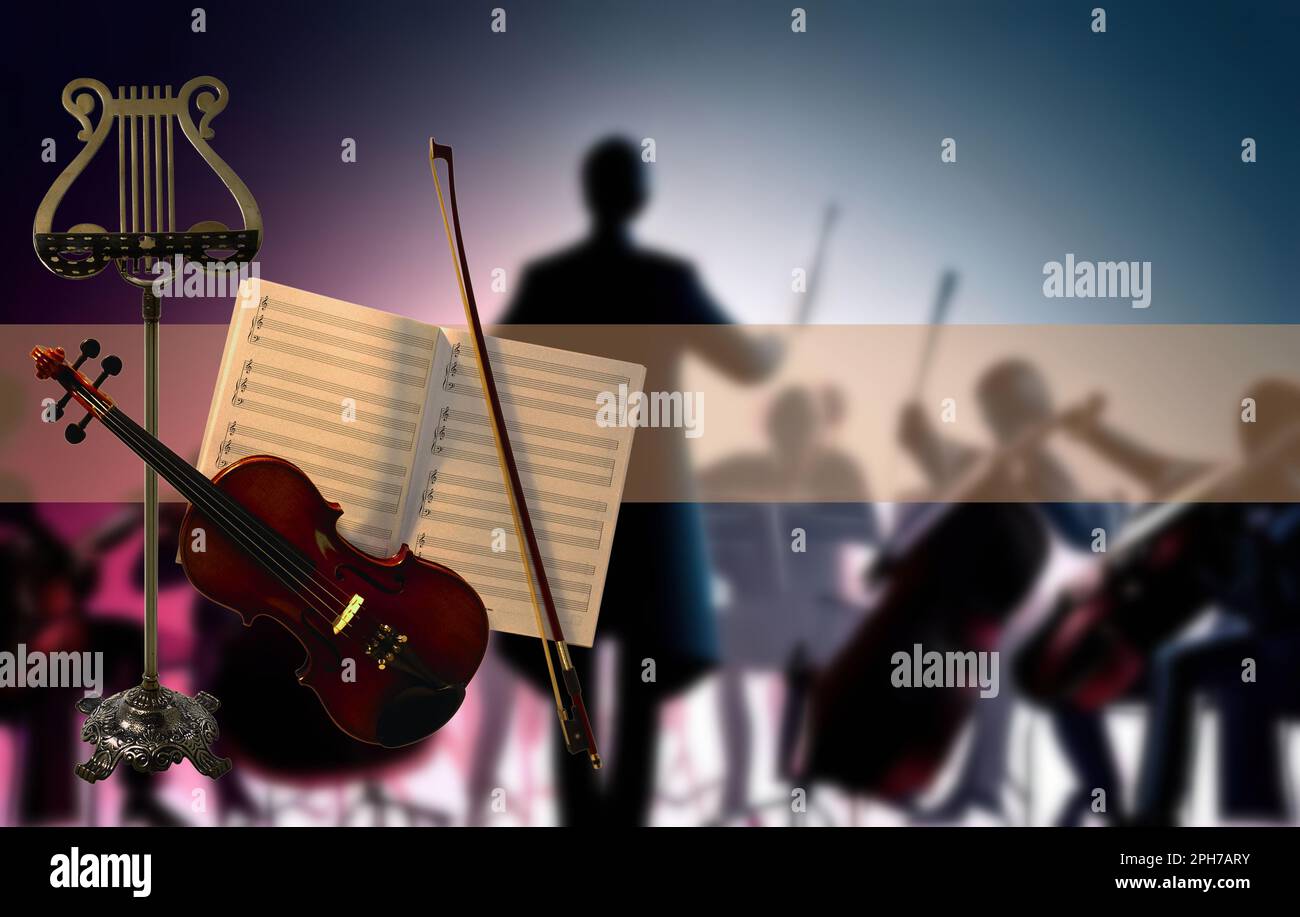 Musical instruments and sheet music with a classical music orchestra
