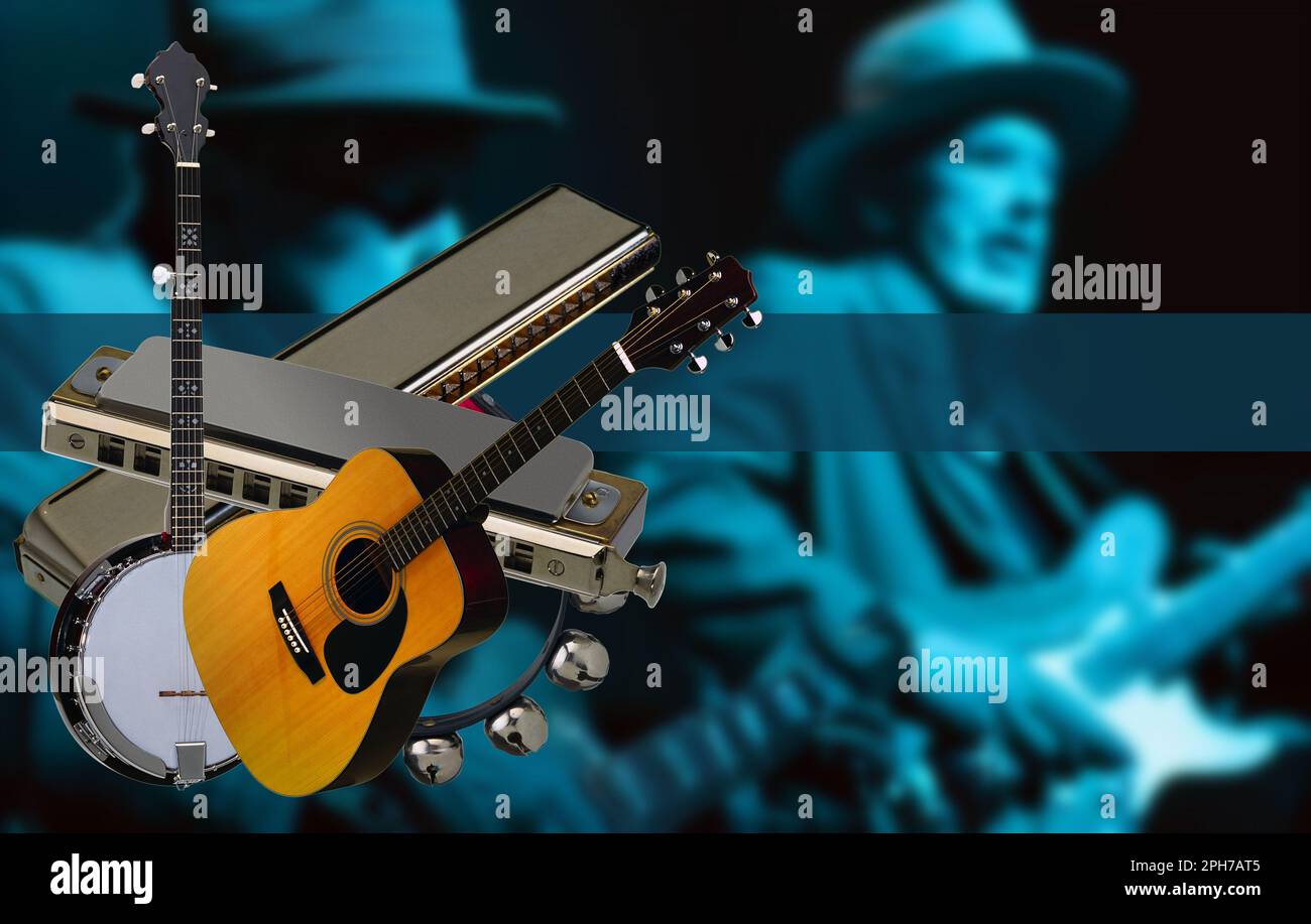 Musical instruments typical of blues music against a background of a