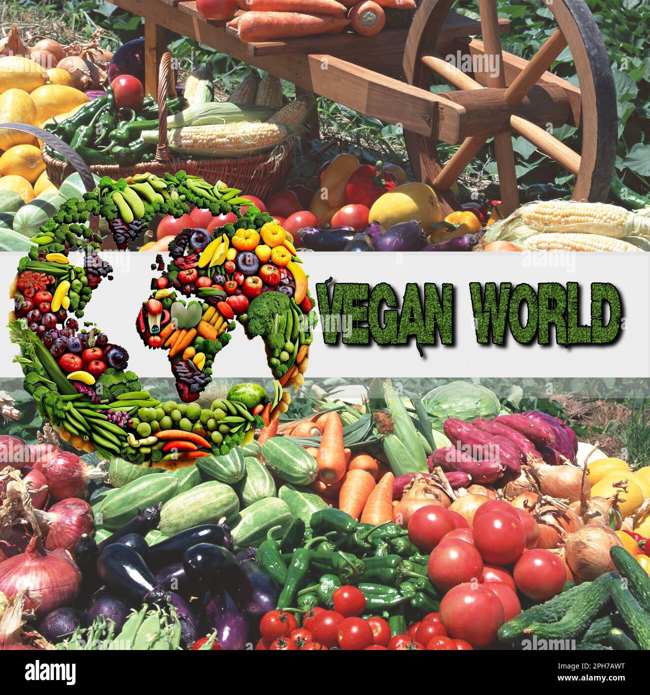 Vegan World - An image that represents a terrestrial globe made up of fruit and vegetables immersed in a green and eco-sustainable environment Stock Photo