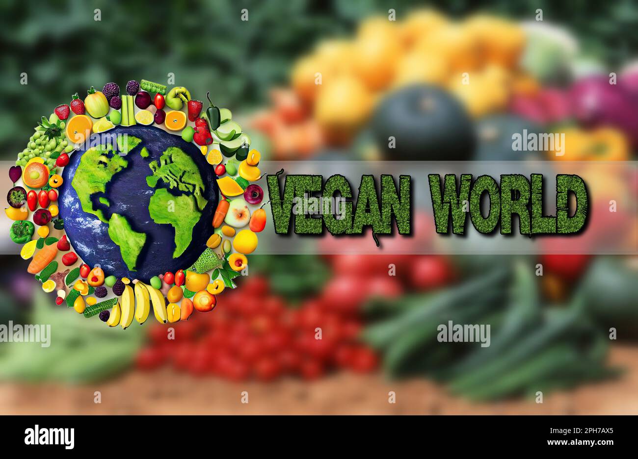 Vegan World - An image that represents a terrestrial globe made up of fruit and vegetables immersed in a green and eco-sustainable environment Stock Photo