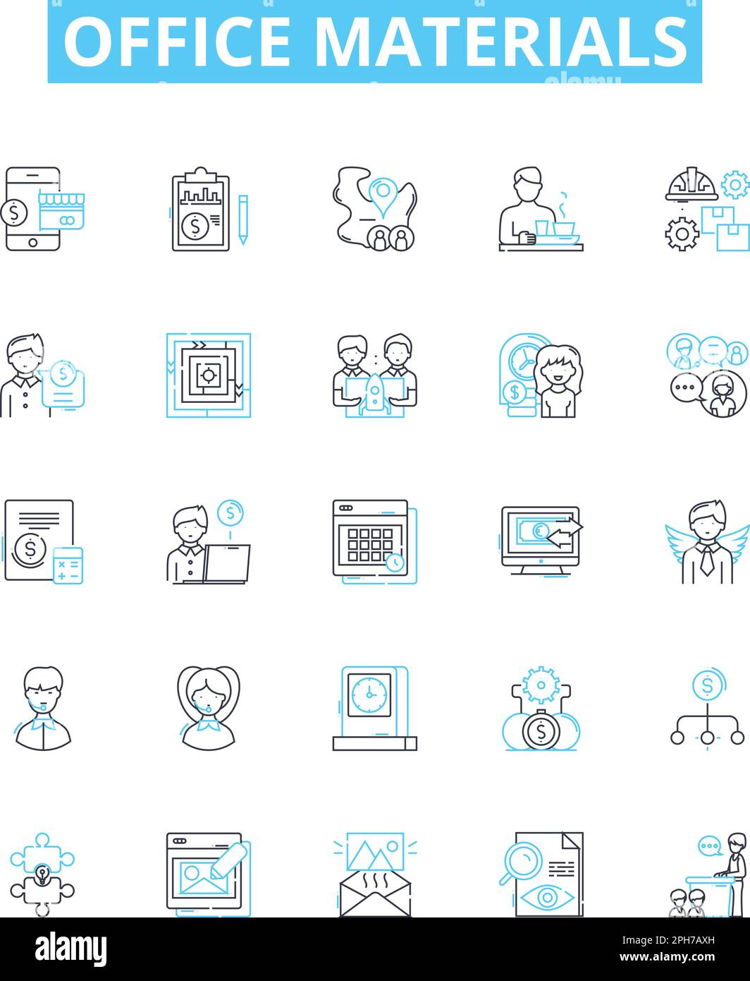 Office materials vector line icons set. Stationery, Furniture, Supplies, Printer, Ink, Paper
