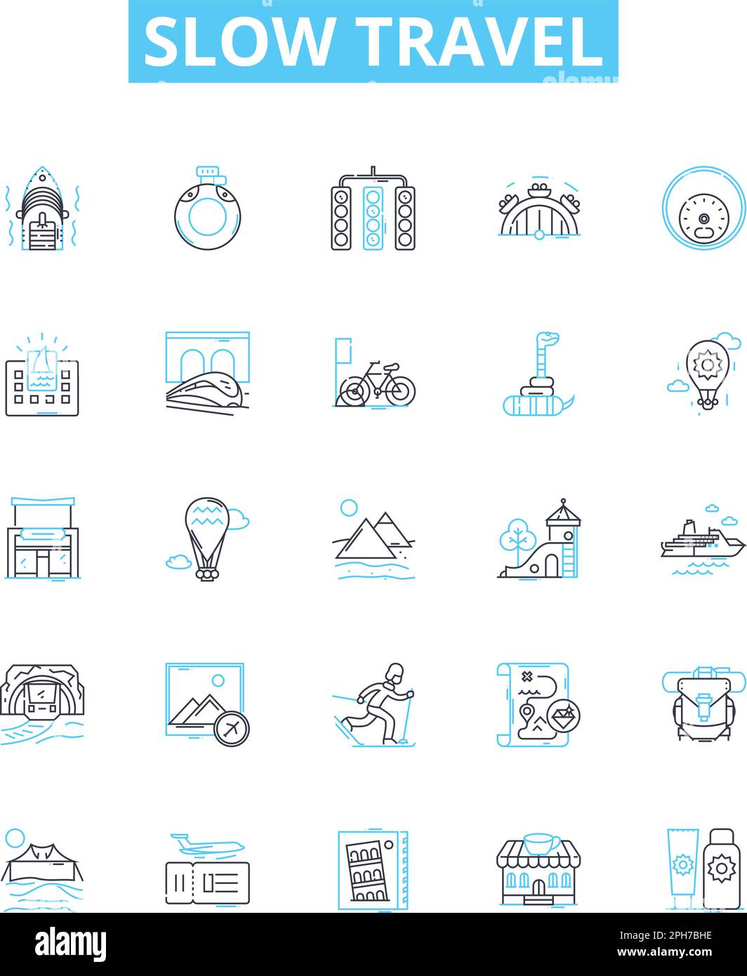 Slow travel vector line icons set. Slow, Travel, Sustainable, Ecotourism, Responsible, Community-based, Local illustration outline concept symbols and Stock Vector