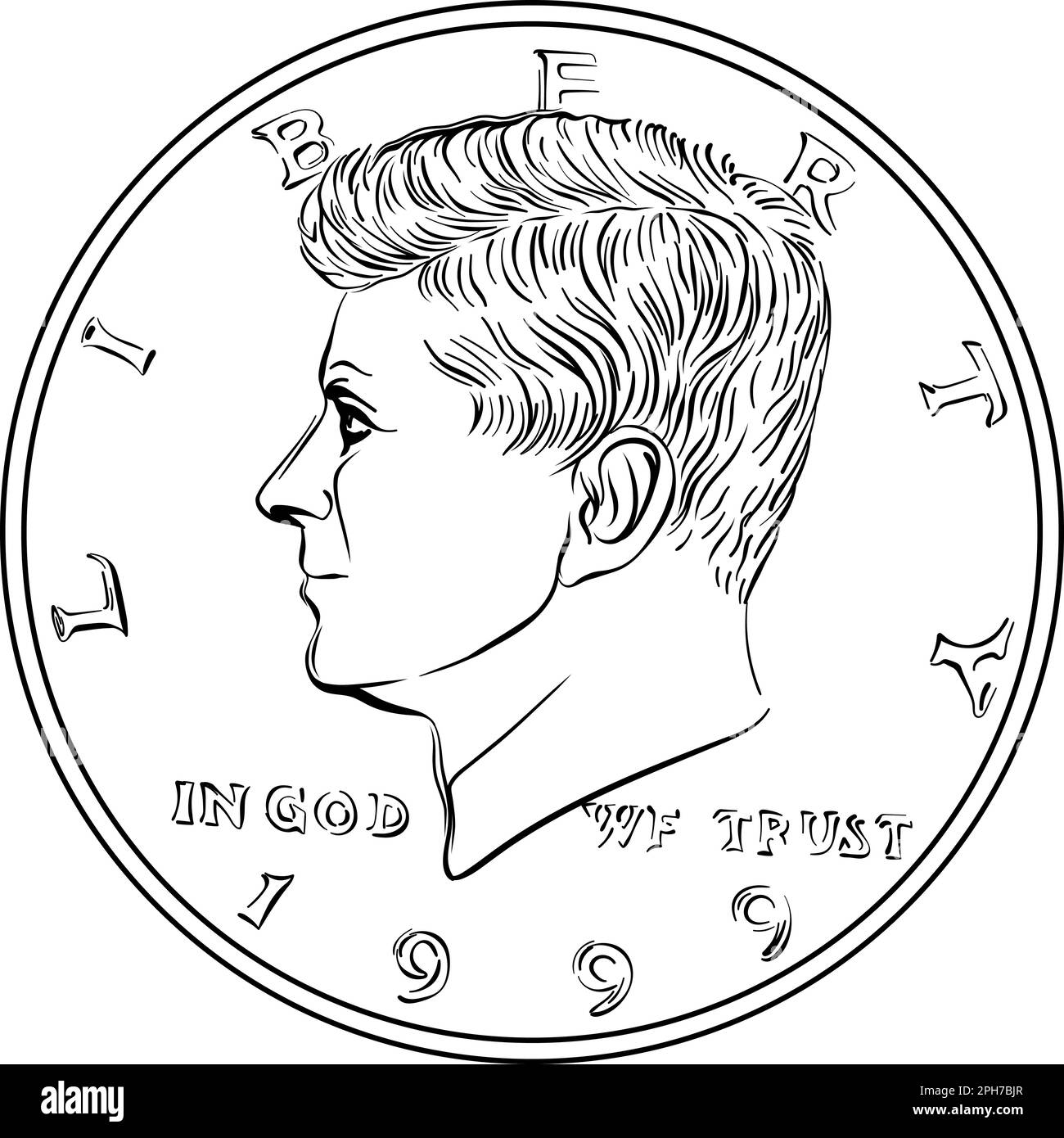 United States coin Half dollar with John F Kennedy on obverse. Black and white image Stock Vector